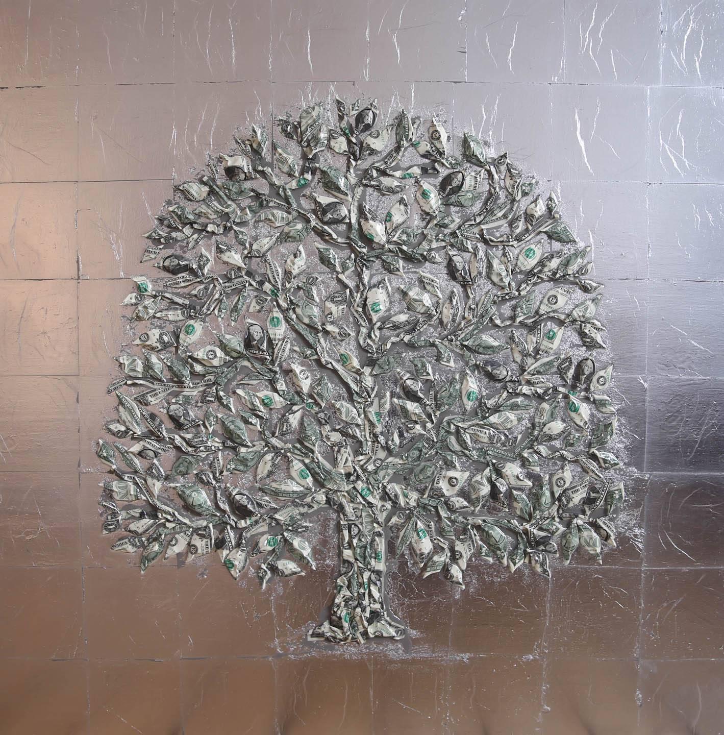 Dollar Baum US Dollar & Silber - zeitgenössisches Kunstwerk aus Mischtechnik mit Geldkonzept