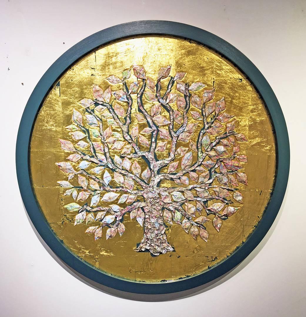 London Map Tree (round, gold) - mixed media circular gold-leaf resin on board