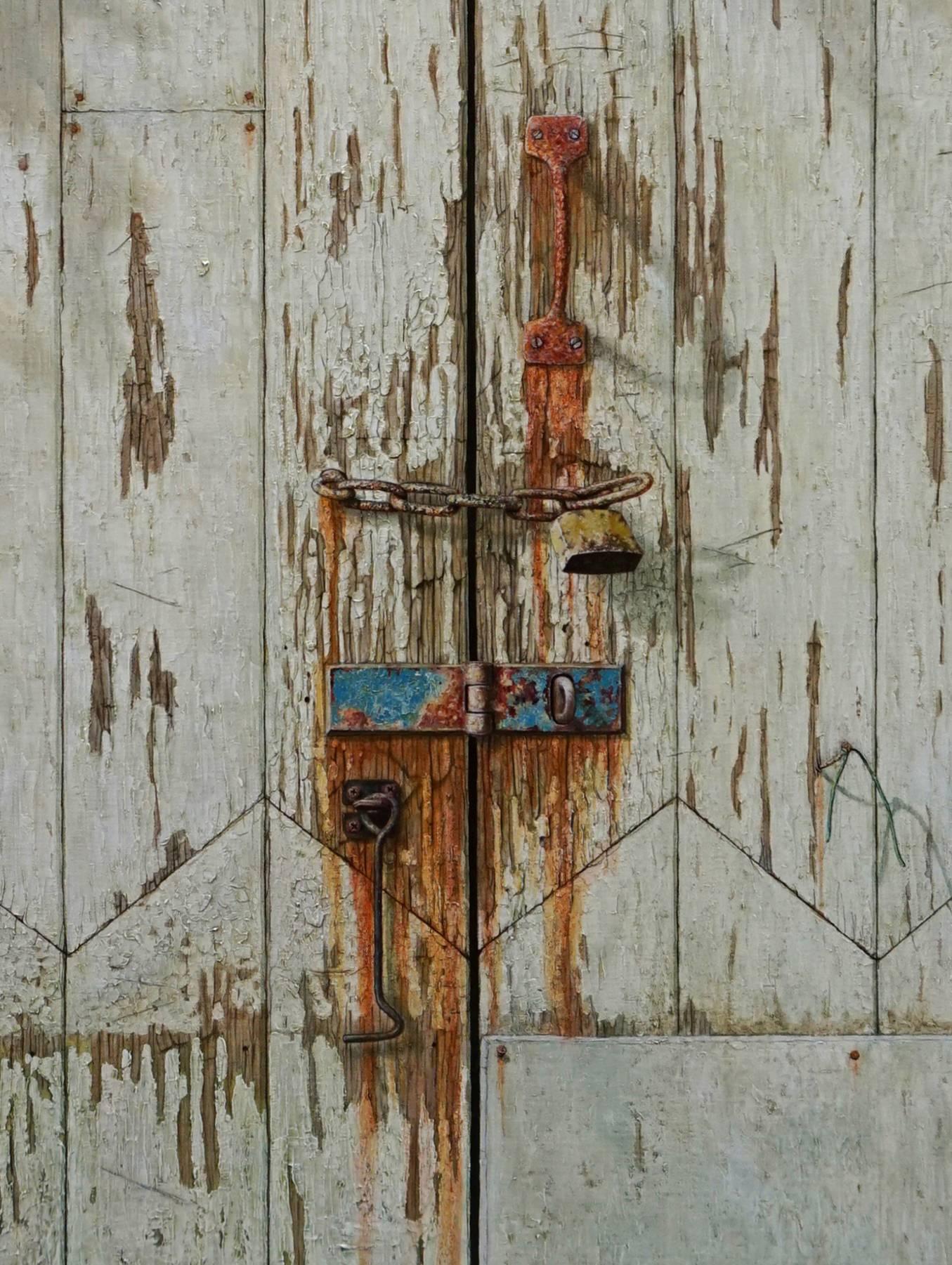 Number 79 -contemporary hyper-realistic locked door oil painting unframed canvas - Painting by Mike Ellis