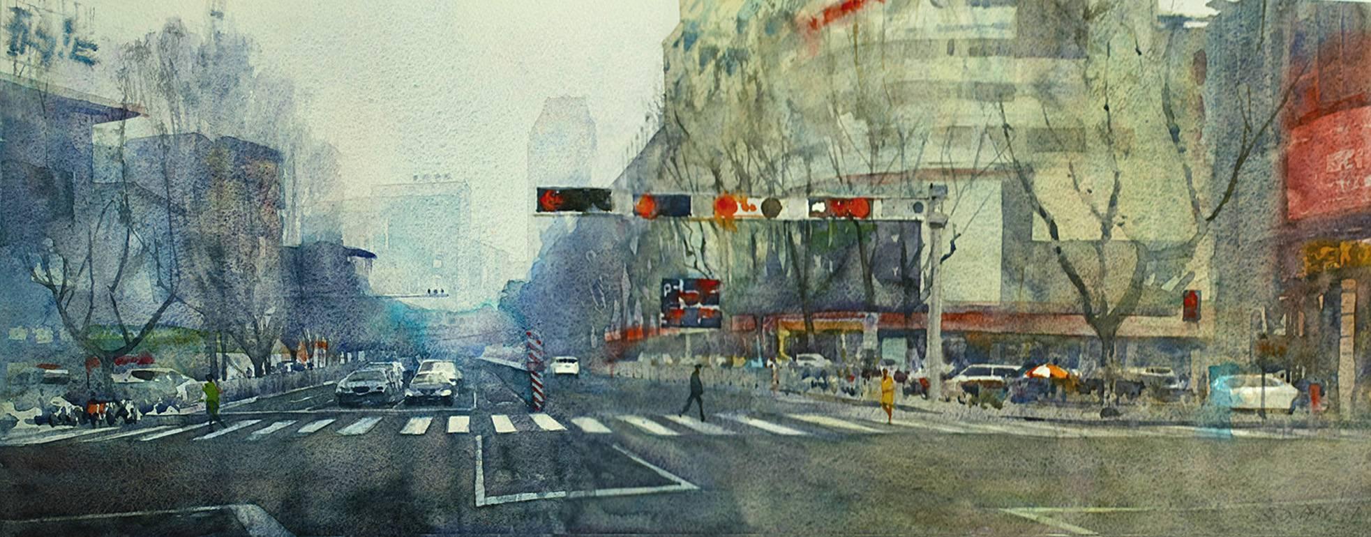 David Walker Figurative Art - Crossing - contemporary cityscape architecture traffic watercolor paper framed