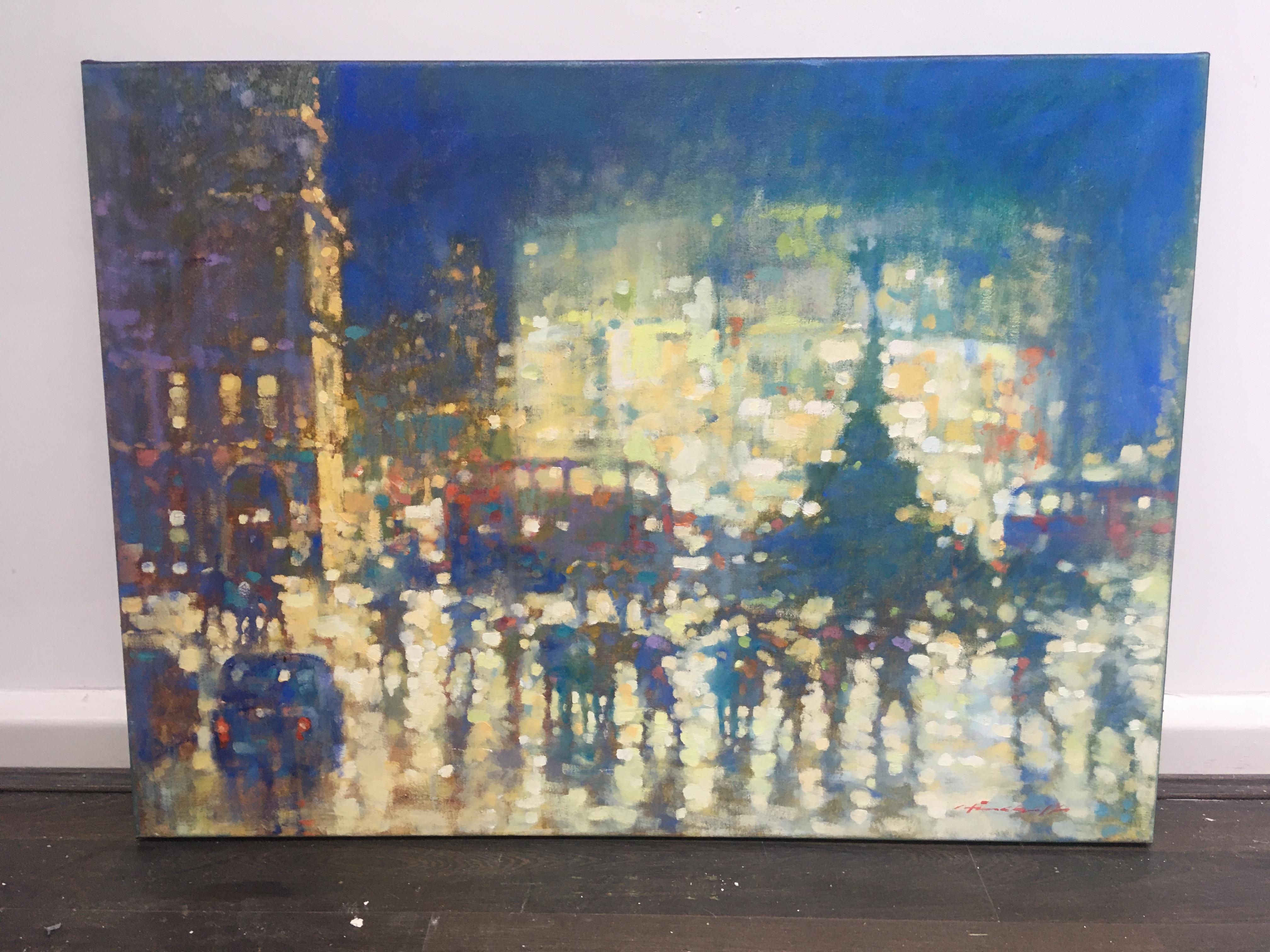 Backlit - contemporary impressionism, night London cityscape oil painting - Painting by David Hinchliffe