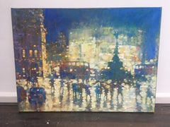 Backlit - contemporary impressionism, night London cityscape oil painting