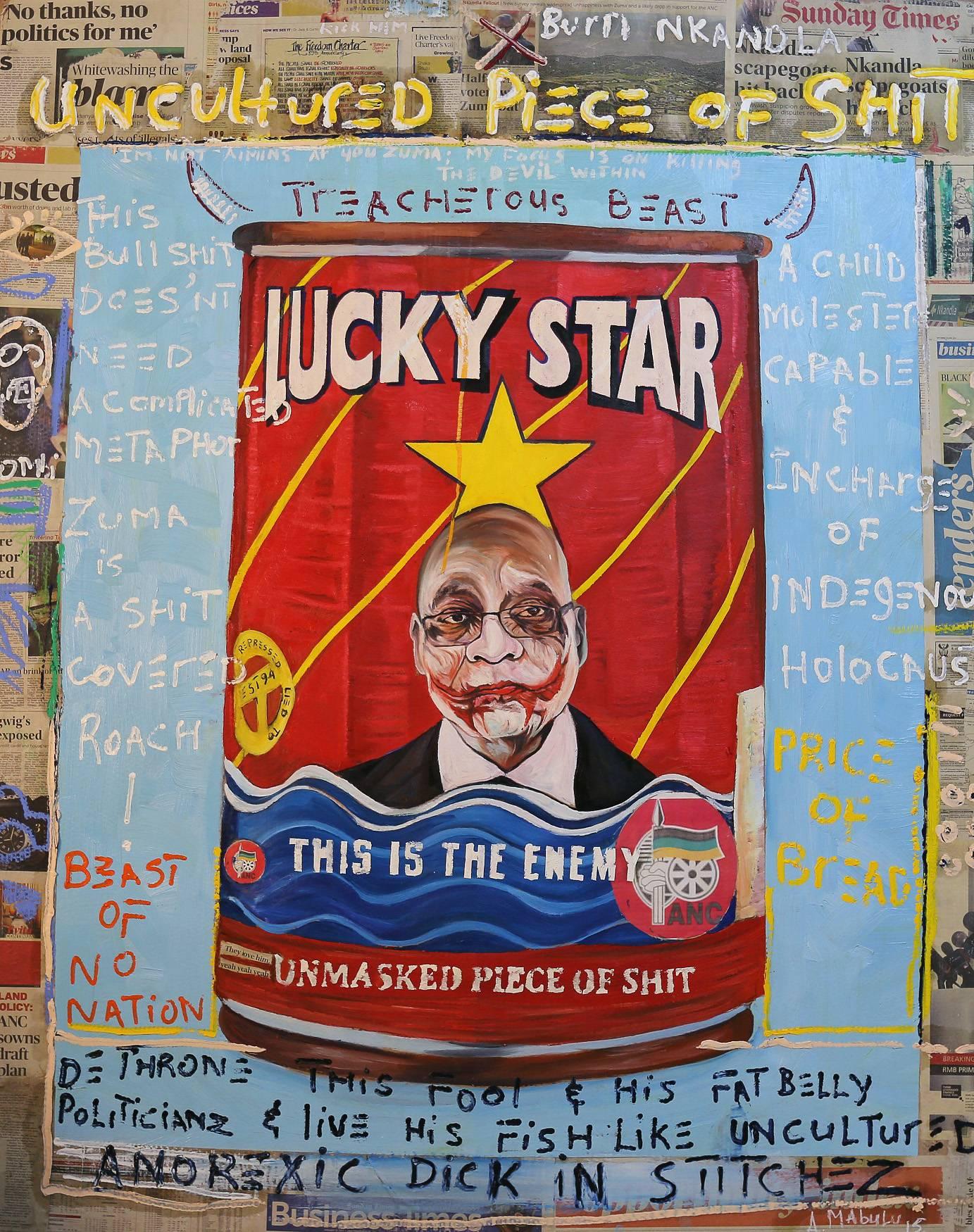 The Lucky Star series represent a visual tantrum. The figures of Mandela and Zuma in the series represent the South African government in their largesse, while purporting to be representing the most vulnerable of the disadvantaged under Apartheid.