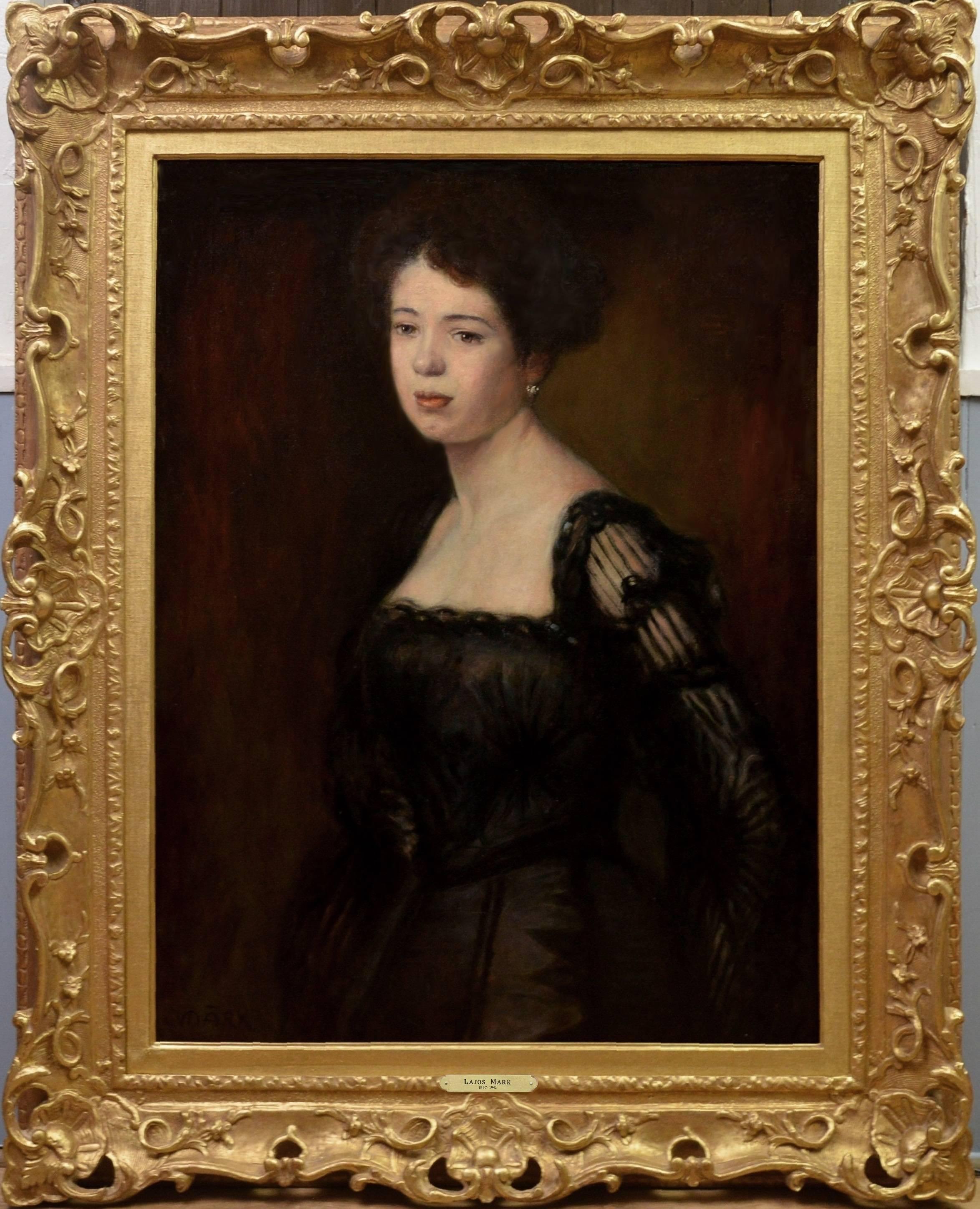 Lajos Mark Portrait Painting - Young Beauty in a Black Gown