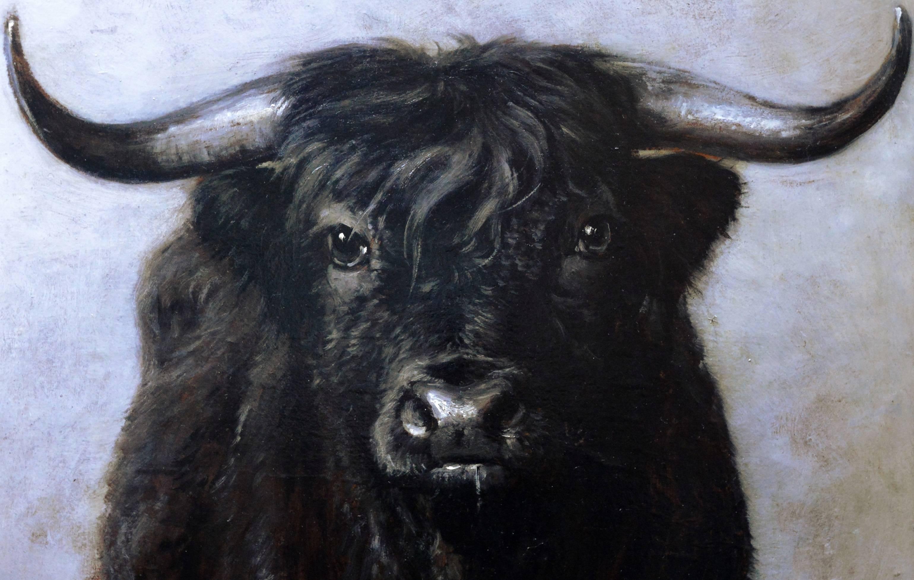 This is a very large fine 19th century oil on canvas depicting a magnificent black Highland longhorn bull by the distinguished Scottish painter Joseph Denovan Adam RSA RSW (1841-1896). ‘Laird of the Highlands’ is signed by the artist and dated