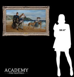 19th Century Impressionist Oil Painting Victorian Girls & Dogs Bournmouth Beach