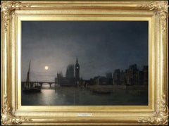 Grande e raffinato dipinto a olio su tela del XIX secolo raffigurante un paesaggio della Londra vittoriana al chiaro di luna