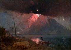 Fine 19th Century Exhibition Oil Painting Mount Vesuvius Volcano Eruption 1855