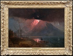 Fine 19th Century Exhibition Oil Painting Mount Vesuvius Volcano Eruption 1855