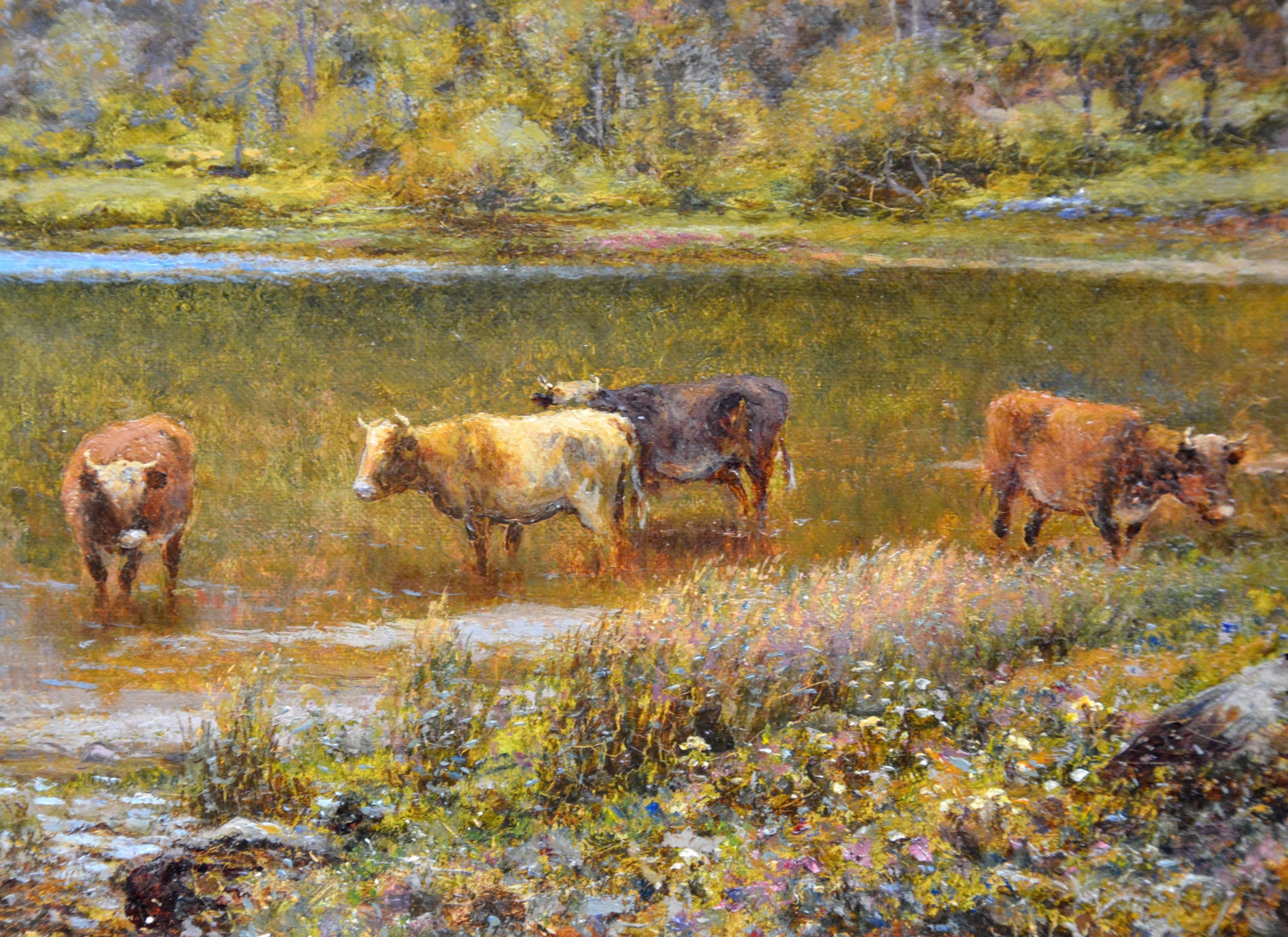 Scottish Landscape with Highland Cattle - 19th Century Oil Painting - Glendening 1