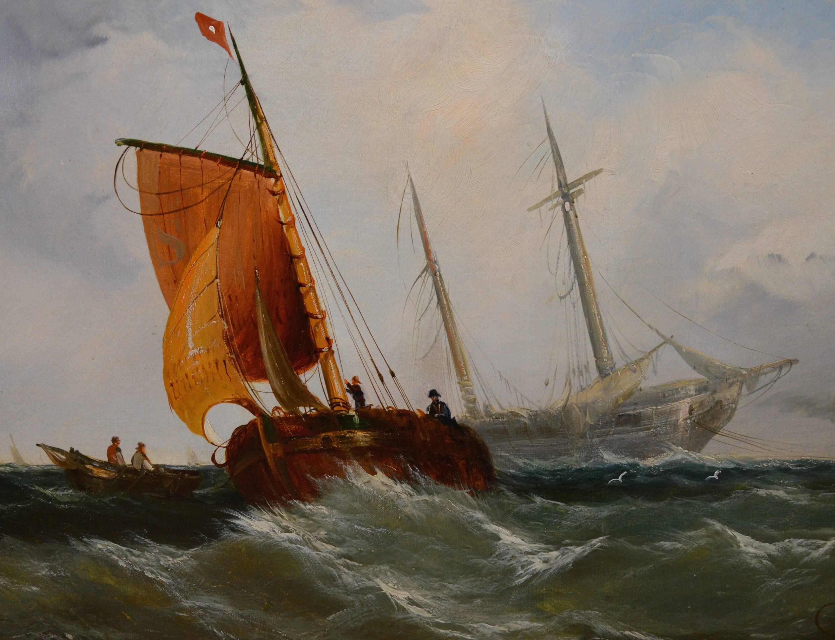 A very large, fine mid-19th century seascape depicting shipping ‘On the Medway’ with a disabled battle ship being towed into port by the eminent Victorian artist William Adolphus Knell (1801-1875). This important English maritime painting is signed