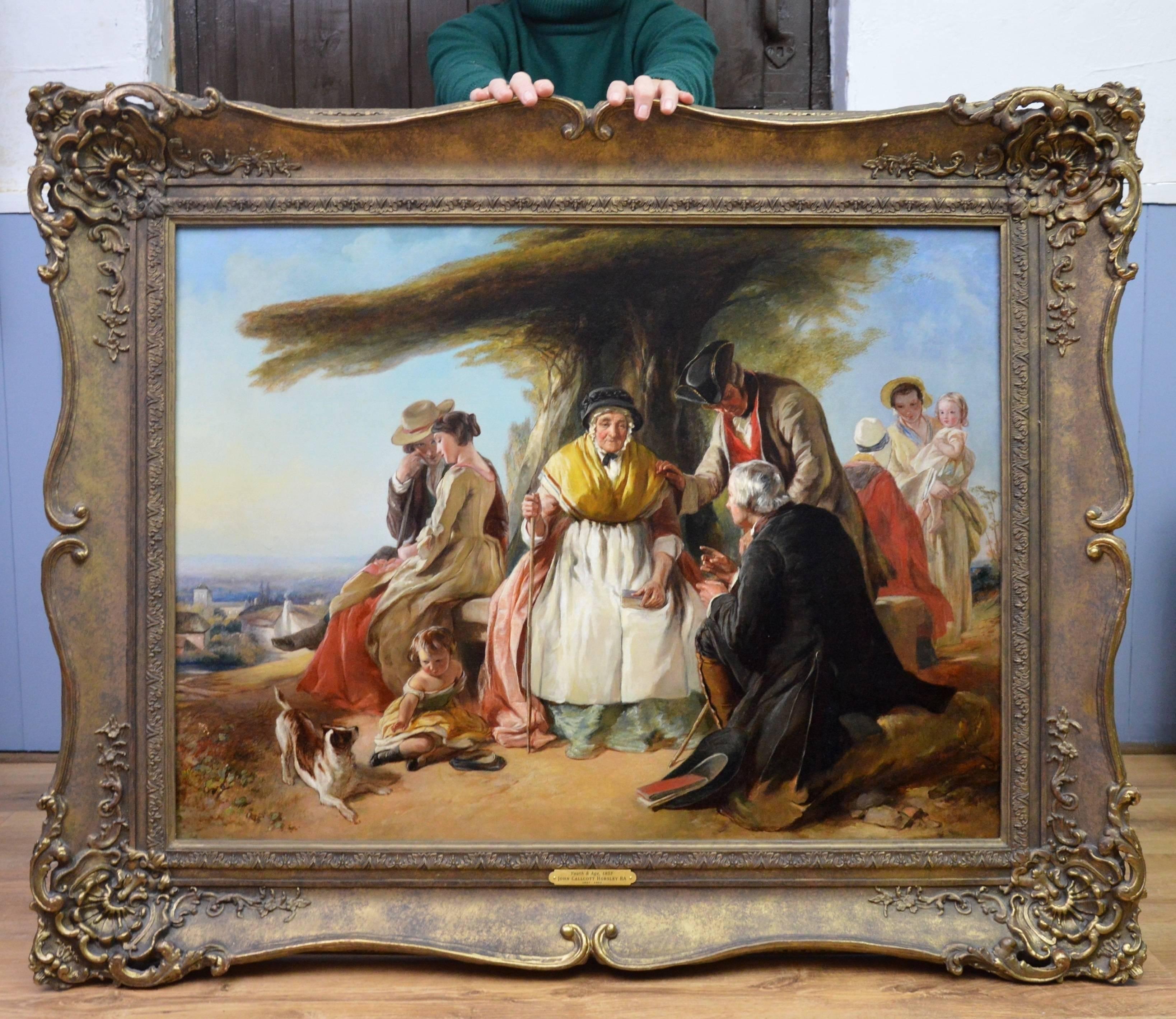 This is a very fine large 19th century oil on canvas depicting and group of Victorian men, women, and children beneath a cedar tree on a hill overlooking the city of London by the eminent Royal Academician John Callcott Horsley RA (1817-1903). This