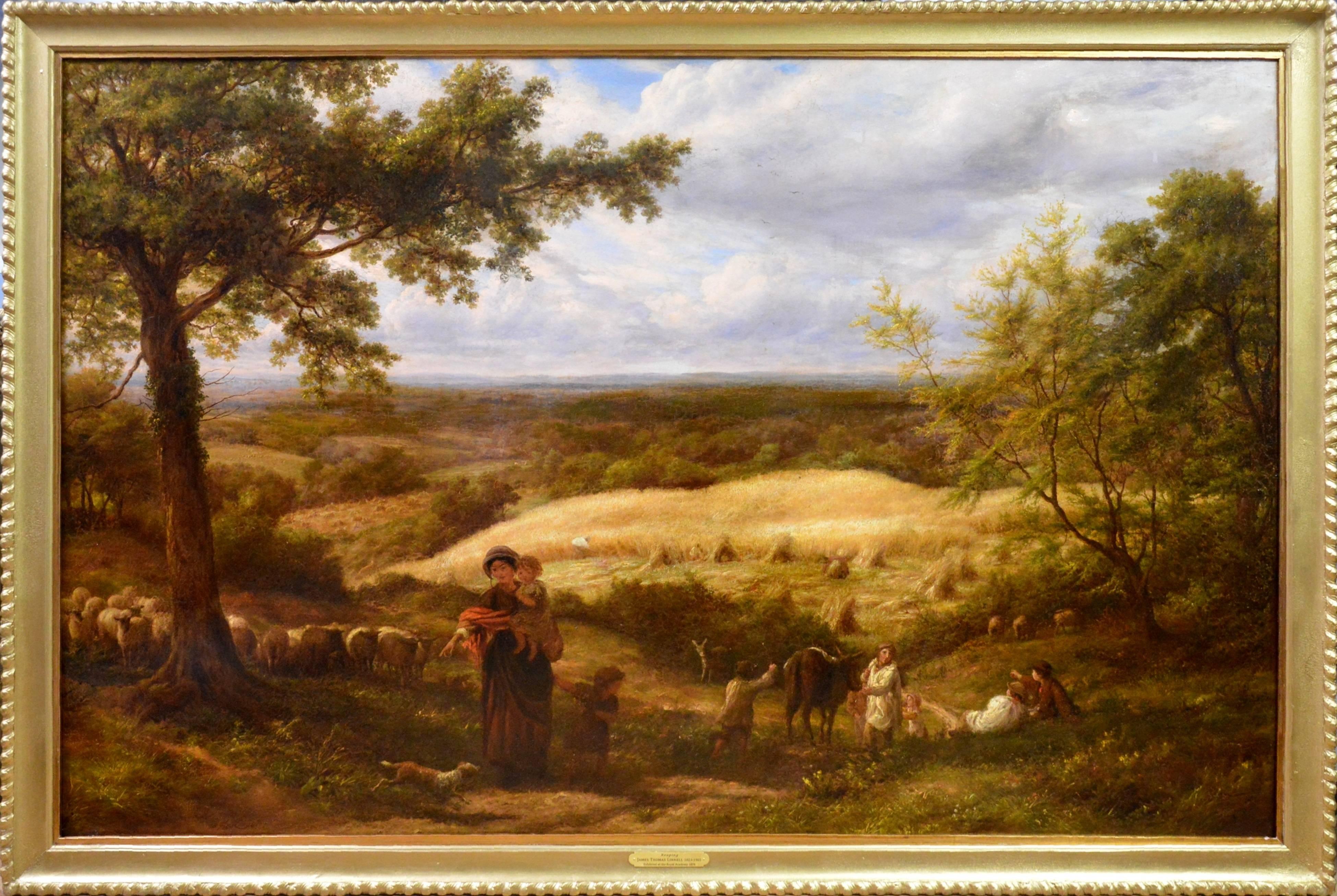 James Thomas Linnell Landscape Painting - Reaping - Very Large 19th Century Oil Painting - Royal Academy 1870 - Linnell
