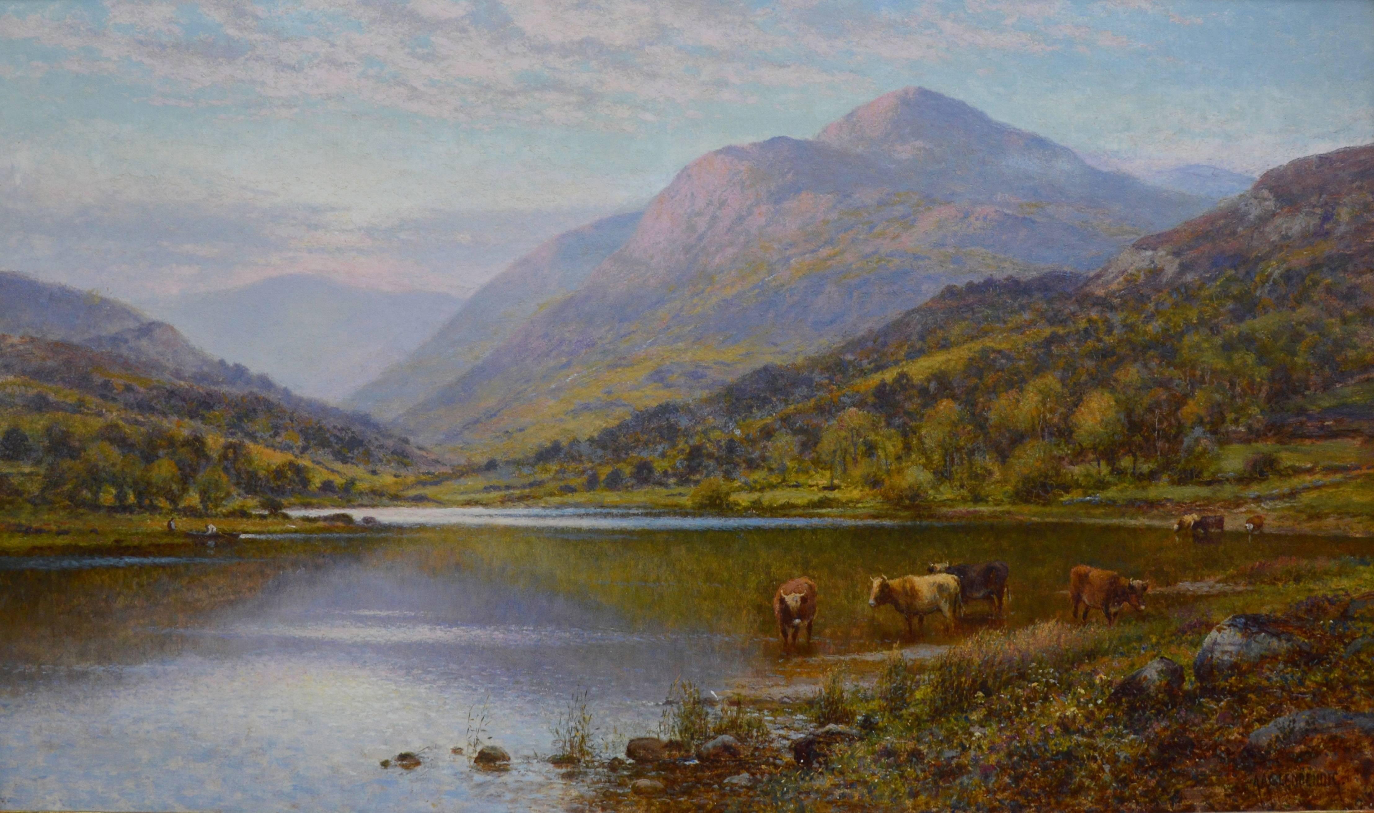 This is a fine 19th century oil on canvas depicting a spectacular Scottish Highland landscape with cattle watering at the shoreline of a loch in summertime by the famous Victorian artist Alfred Augustus Glendening Snr. (1840-1910). The painting is