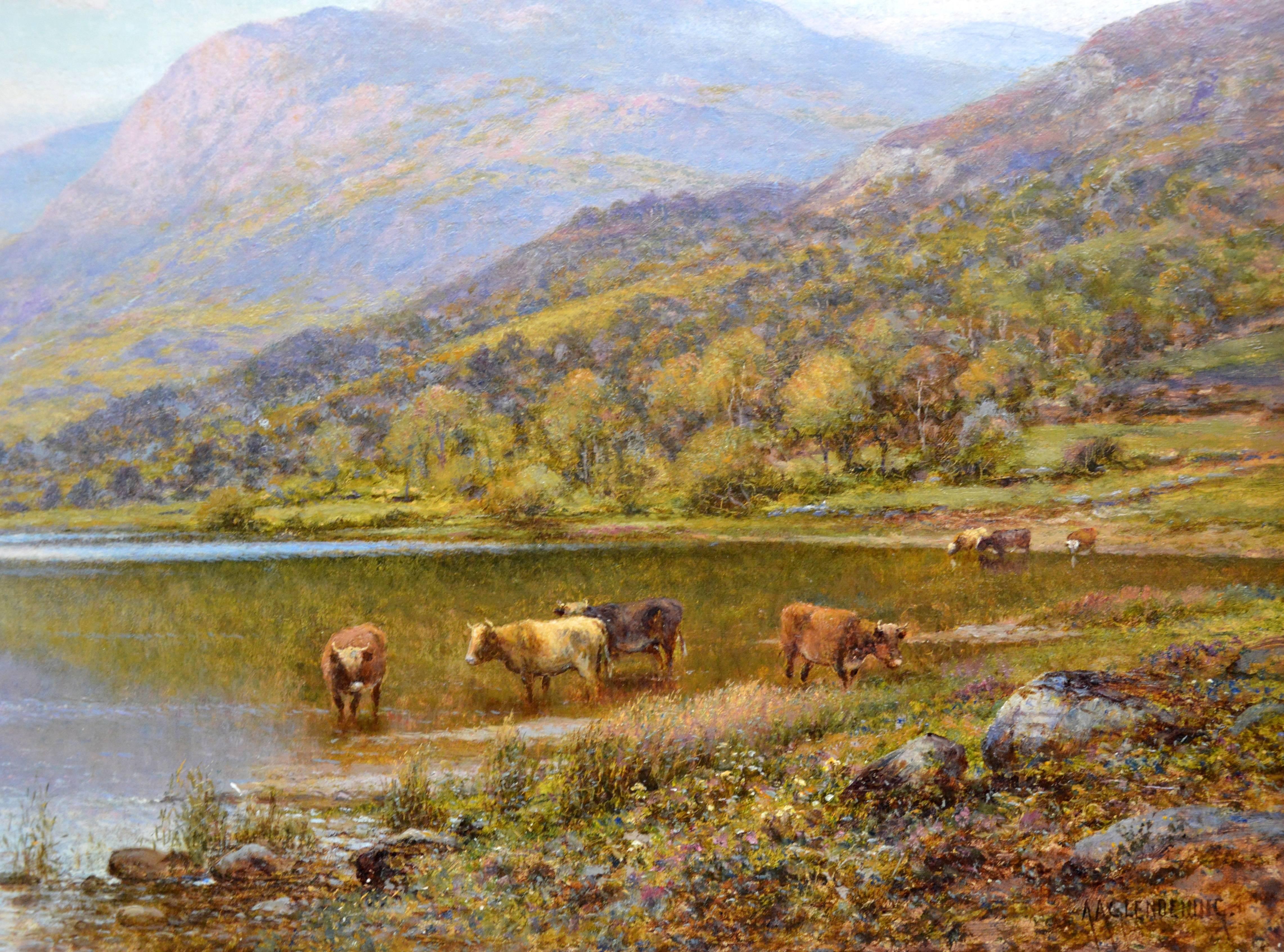 Scottish Landscape with Highland Cattle - 19th Century Oil Painting - Glendening 3