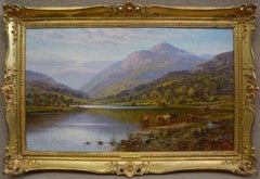 Paysage écossais avec bétail des Highlands - Peinture à l'huile du 19e siècle - Glendening