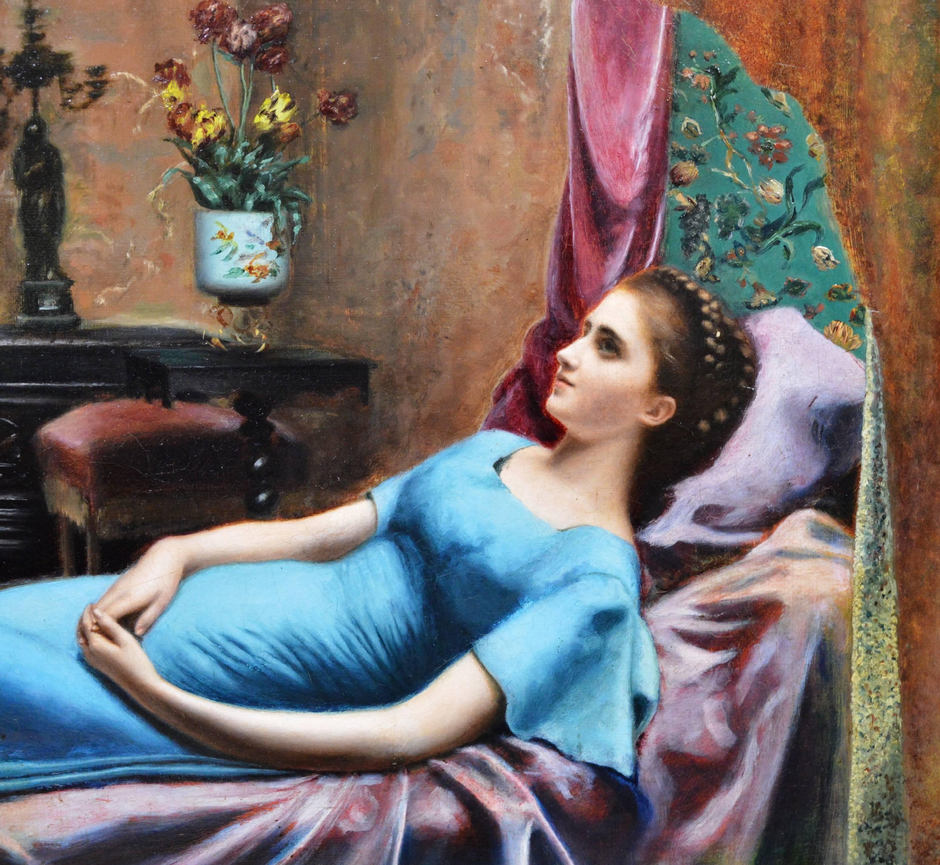 Young Parisian Beauty in a Blue Dress - 19th Century French Oil Painting - 1882 1