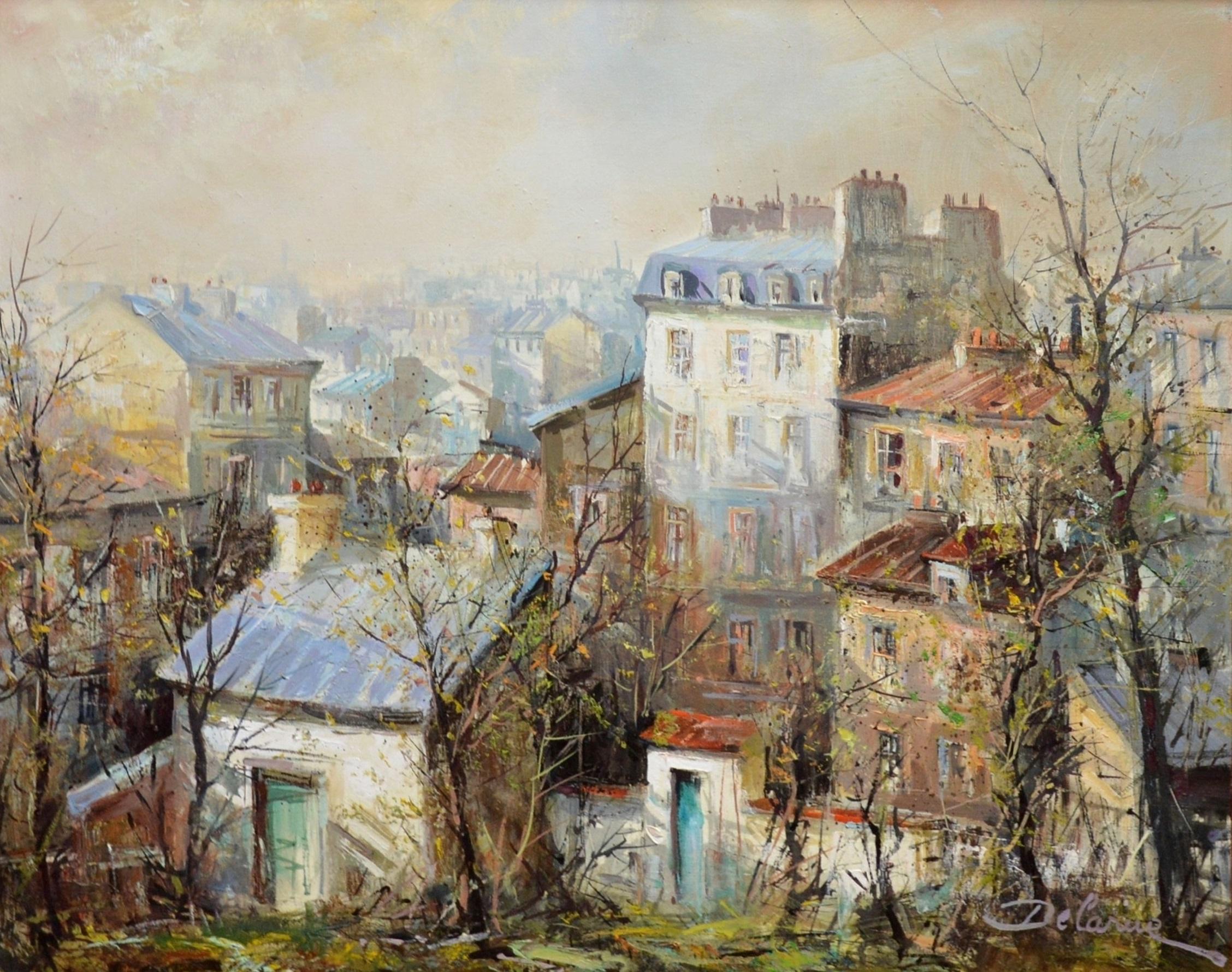 Soleil tot le Matin, Montmartre - French Post Impressionist Oil Painting Paris - Brown Landscape Painting by Lucien Delarue