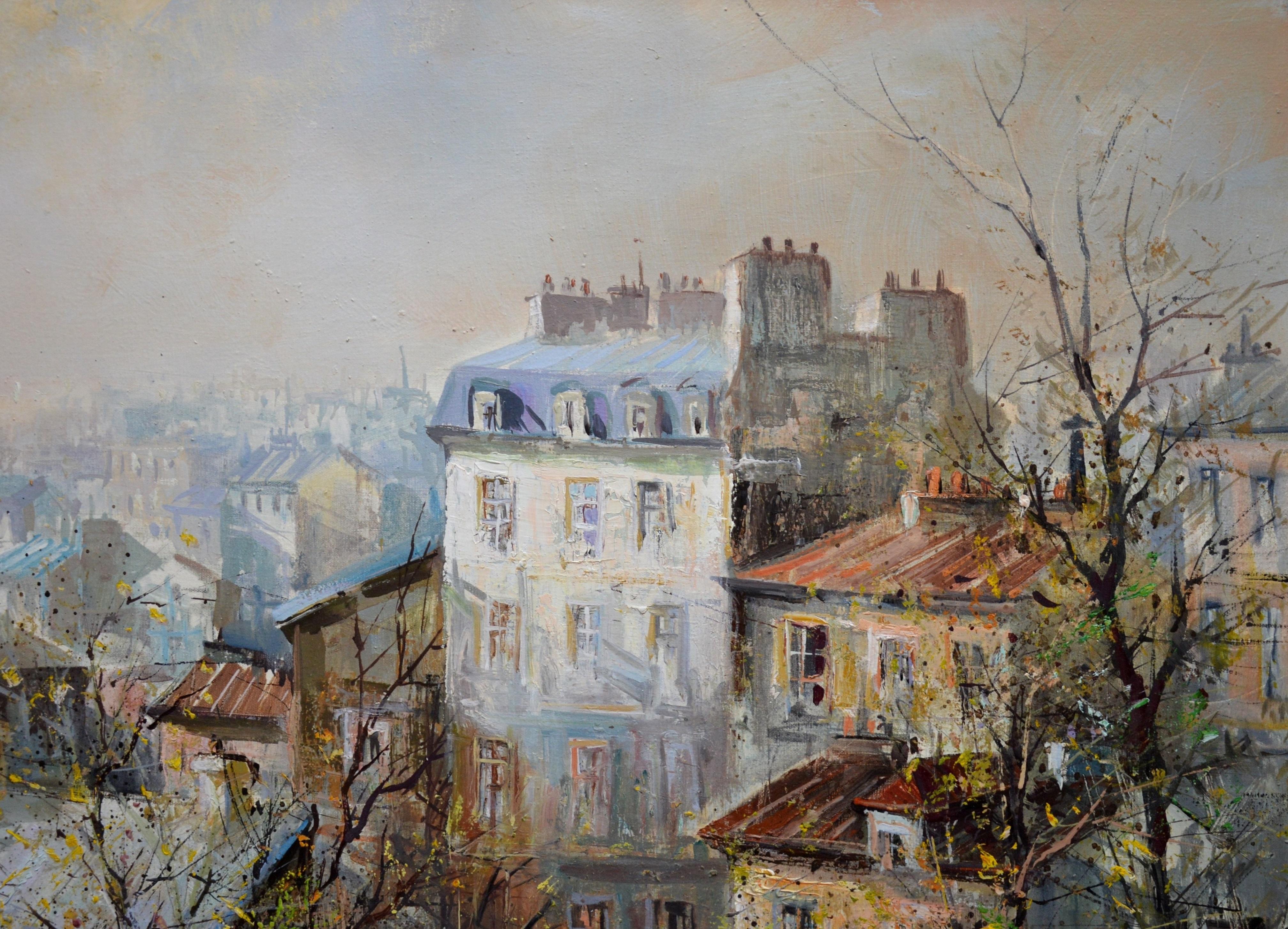 This is a very large fine French Post-Impressionist landscape oil on canvas depicting morning sun over the old rooftops of Montmartre, Paris by the eminent French artist Lucien Delarue (1925-2011). 'Soleil tot le Matin, Montmartre’ is signed by the