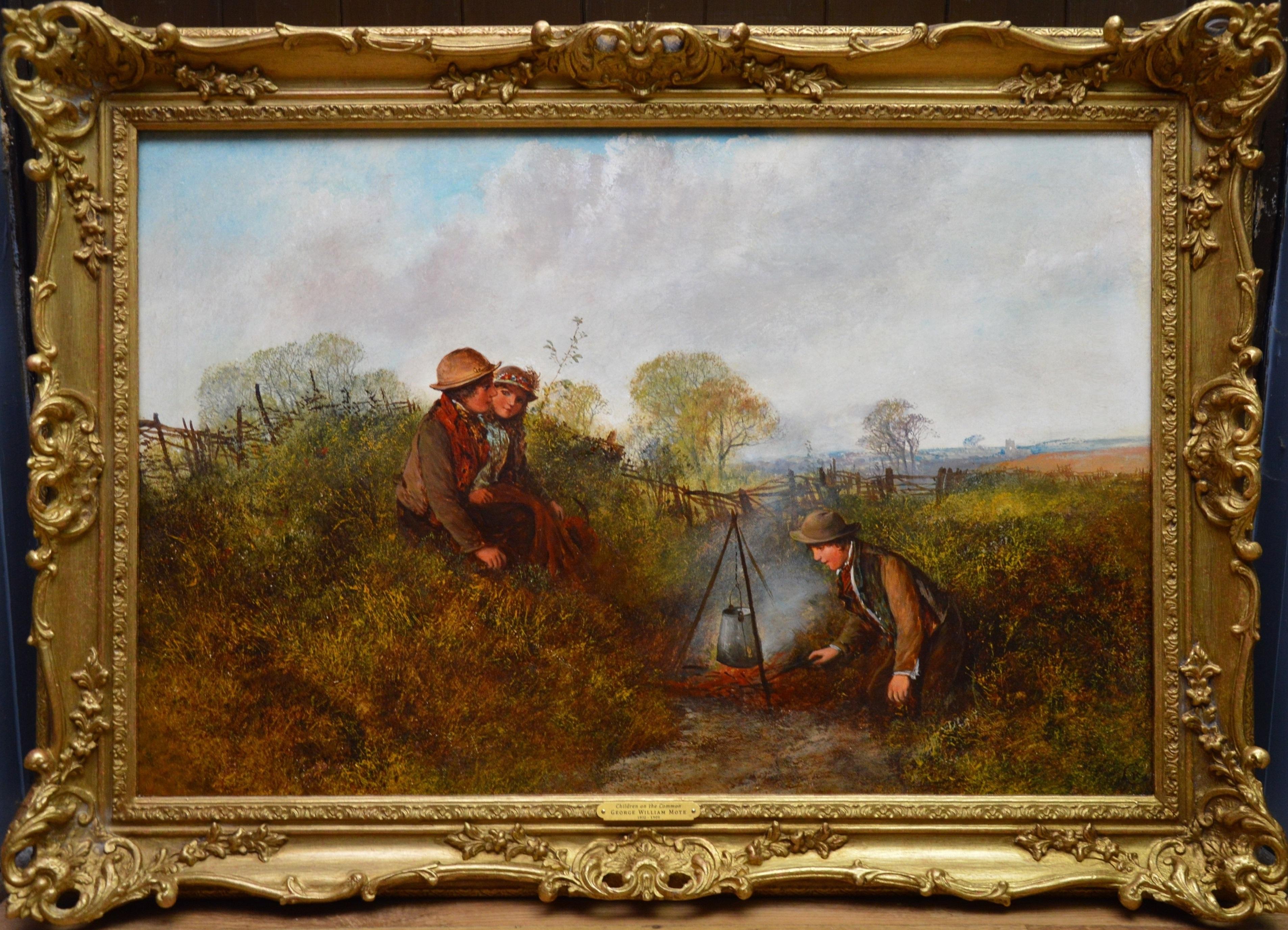 George William Mote Landscape Painting - Children on the Common - Large 19th Century English Landscape Oil Painting