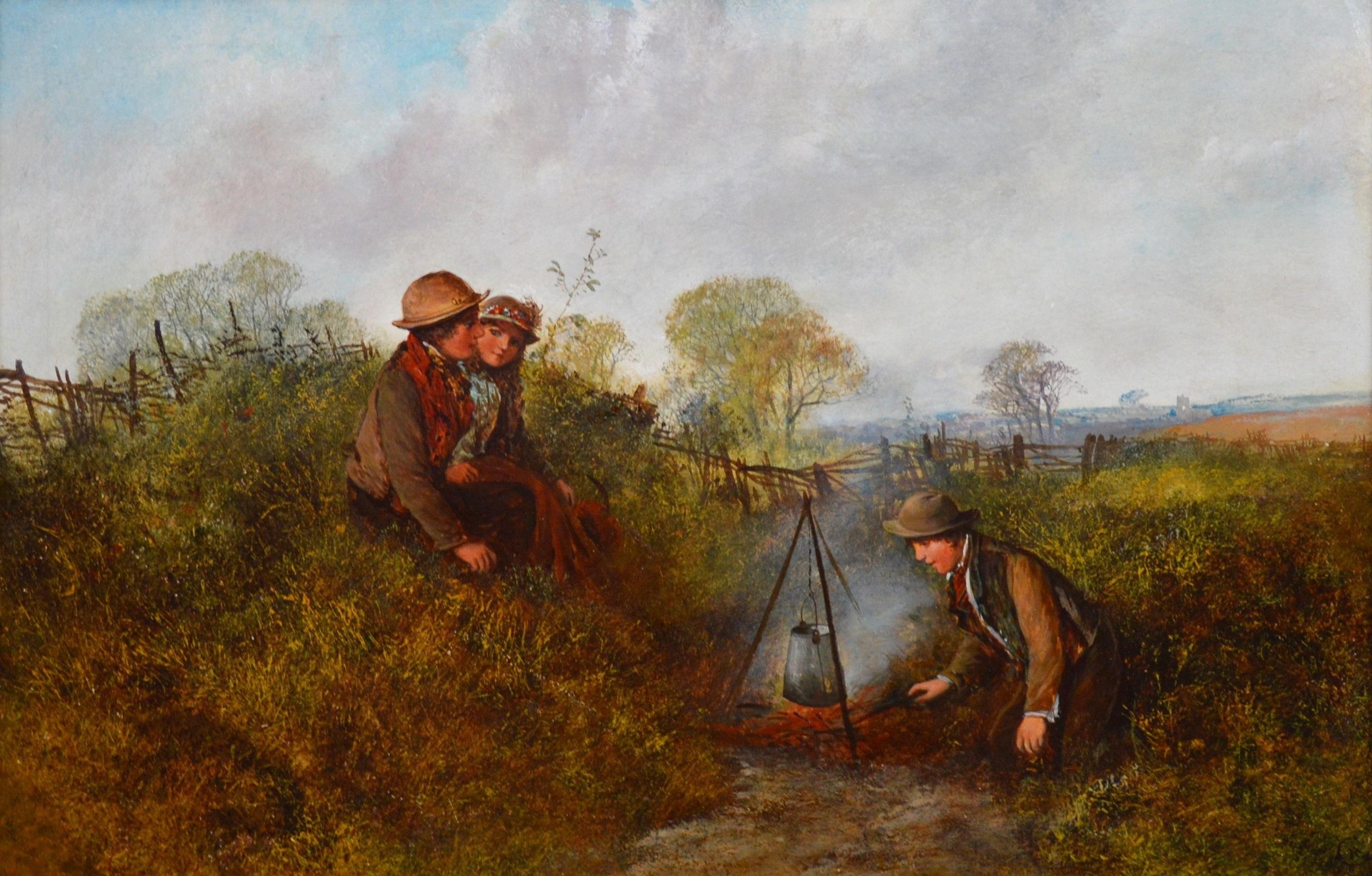 This is a large fine 19th century summer landscape oil on canvas depicting two boys and a girl cooking up an outdoor supper by the celebrated Royal Academy artist George William Mote (1832-1909). ‘Children on the Common’ is signed by the artist’s