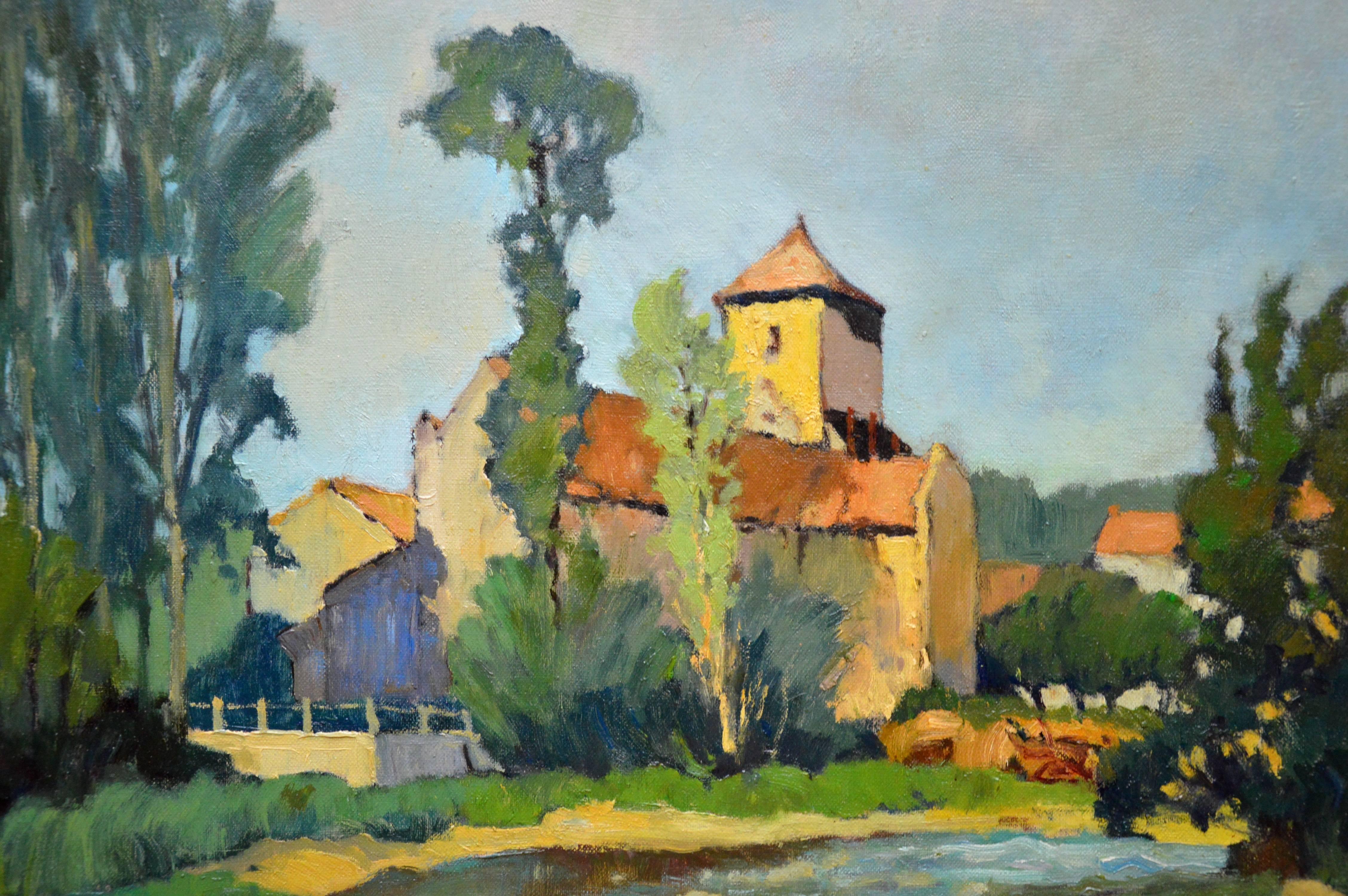 This is a fine original French Post-Impressionist oil on canvas depicting a view of the village of ‘Saint-Macoux’ on the River Charente in the Vienne department of Western France by the eminent Post-Impressionist painter Georges Charles Robin