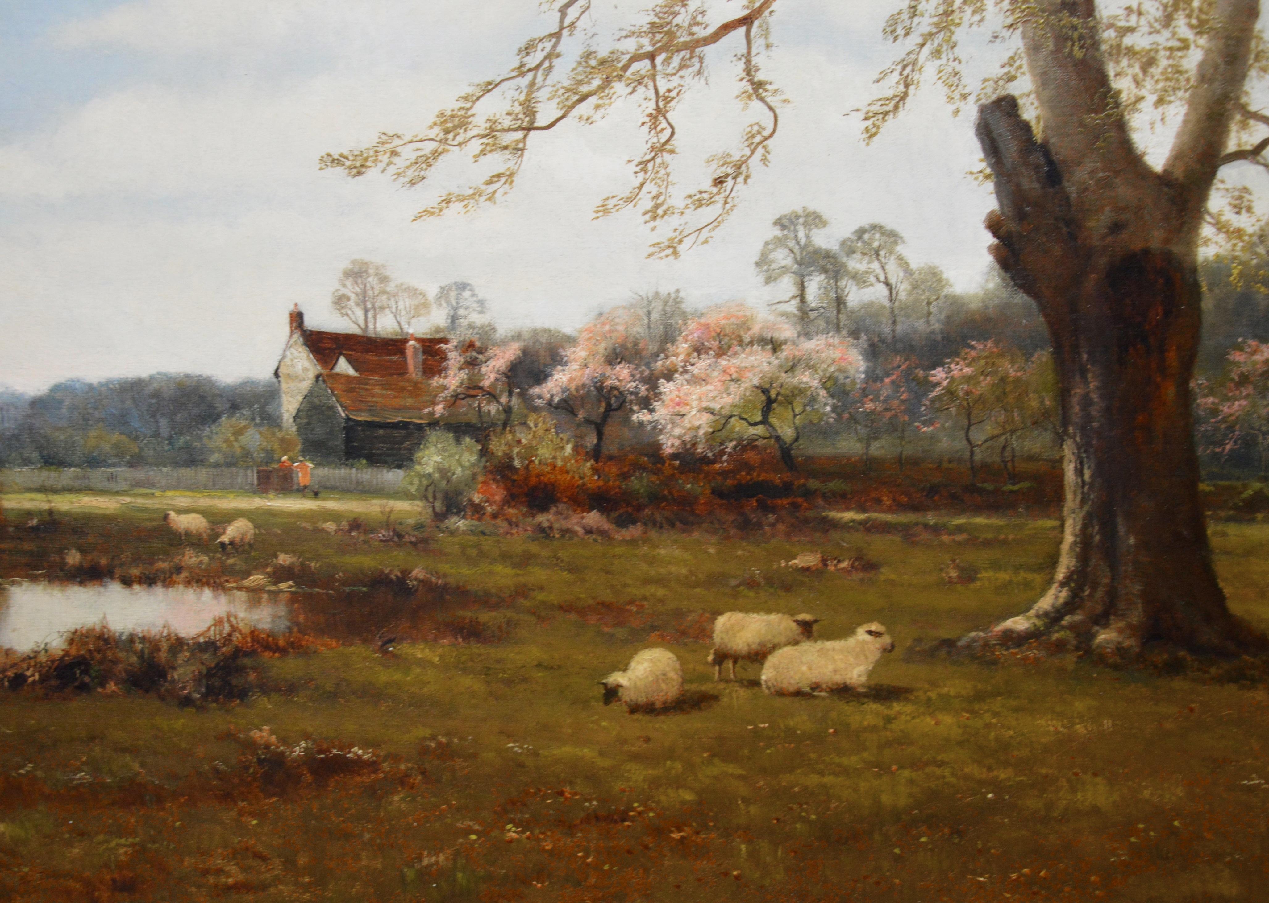 This is a very large fine 19th century oil on canvas depicting sheep grazing in open fields before ‘A Berkshire Homestead’ in springtime by the eminent Victorian landscape painter Alfred de Bréanski Snr. (1852-1928). The painting is signed by the