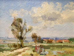 Picnic at the Field, Dordogne landscape,  France, oil on panel by Roy Petley