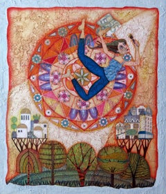 The Quantic Liap. Symbolic Acrylic paint Colorful Folk Art Landscape with figure