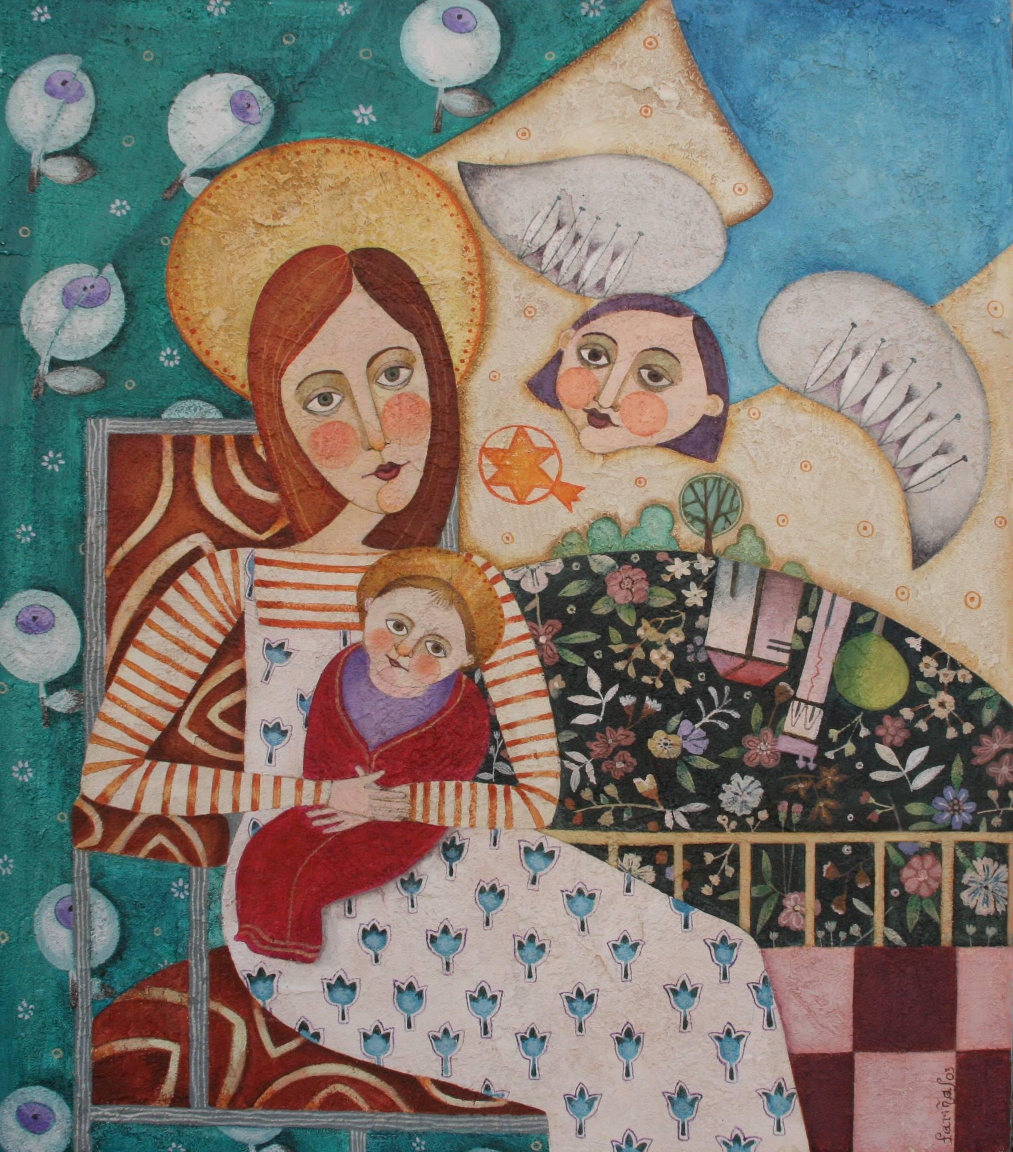 Figurative Painting Raquel Fariñas - Noël (Navidad). Image colorée de la Madonna et de l'enfant dans un style folklorique