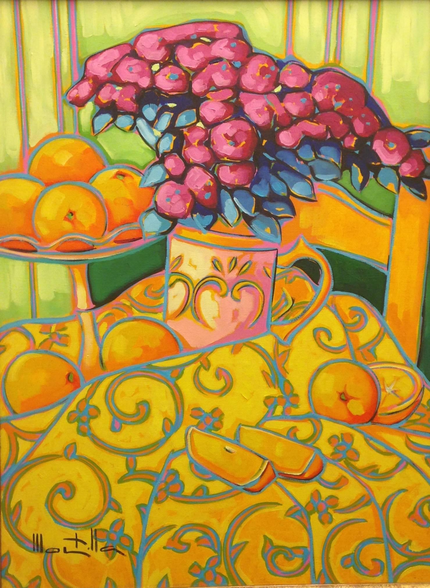 Figurative Painting Chico Montilla - Des oranges. Huile sur toile Montilla. Nature morte expressionniste orange, Yelow, fuchsia