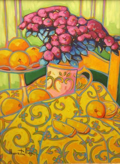 Oranges. Montilla Oil on canvas. Orange, Yelow, Fuchsia Expressionist Still-Life