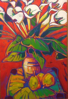 "Three pears". Montilla Oil on Linen Expressionist bouquet of flowers and fruit.