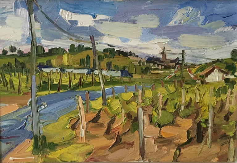 The Bordeaux train passing Saint-Emilion Edward Beale French Landscape oil/panel - Painting by Edward Beale