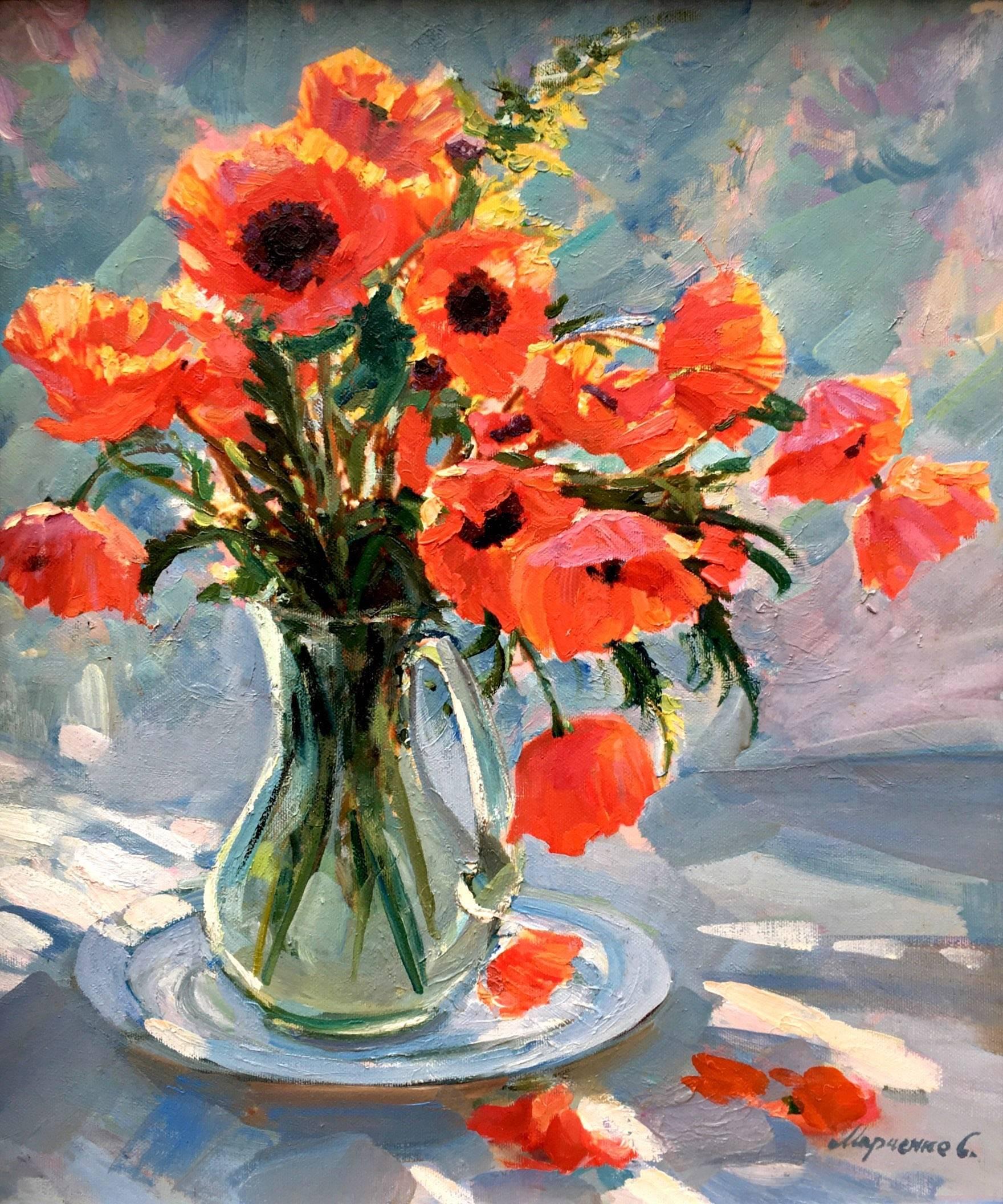 Sergey Marchenko Figurative Painting - The Poppies. Marchenko Impresionist vase with flowers. Oil con canvas still-life