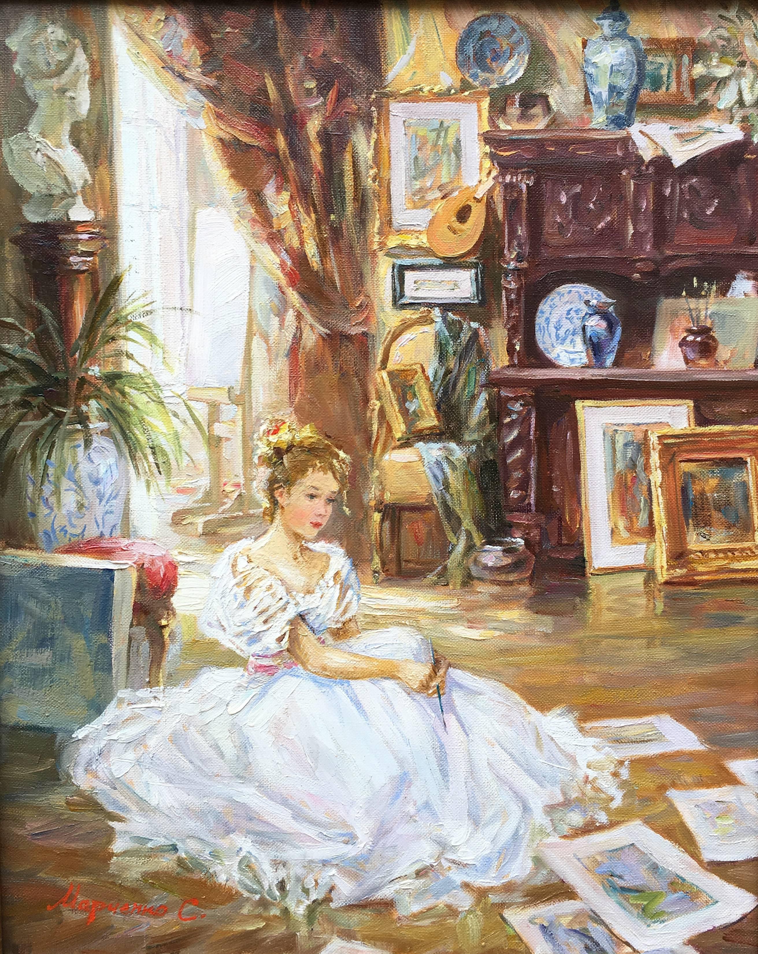Sergey Marchenko Portrait Painting – Das Atelier des Künstlers Ölgemälde Serguey Marchenko Junges Mädchen im Raum, Gemälde auf Leinwand 