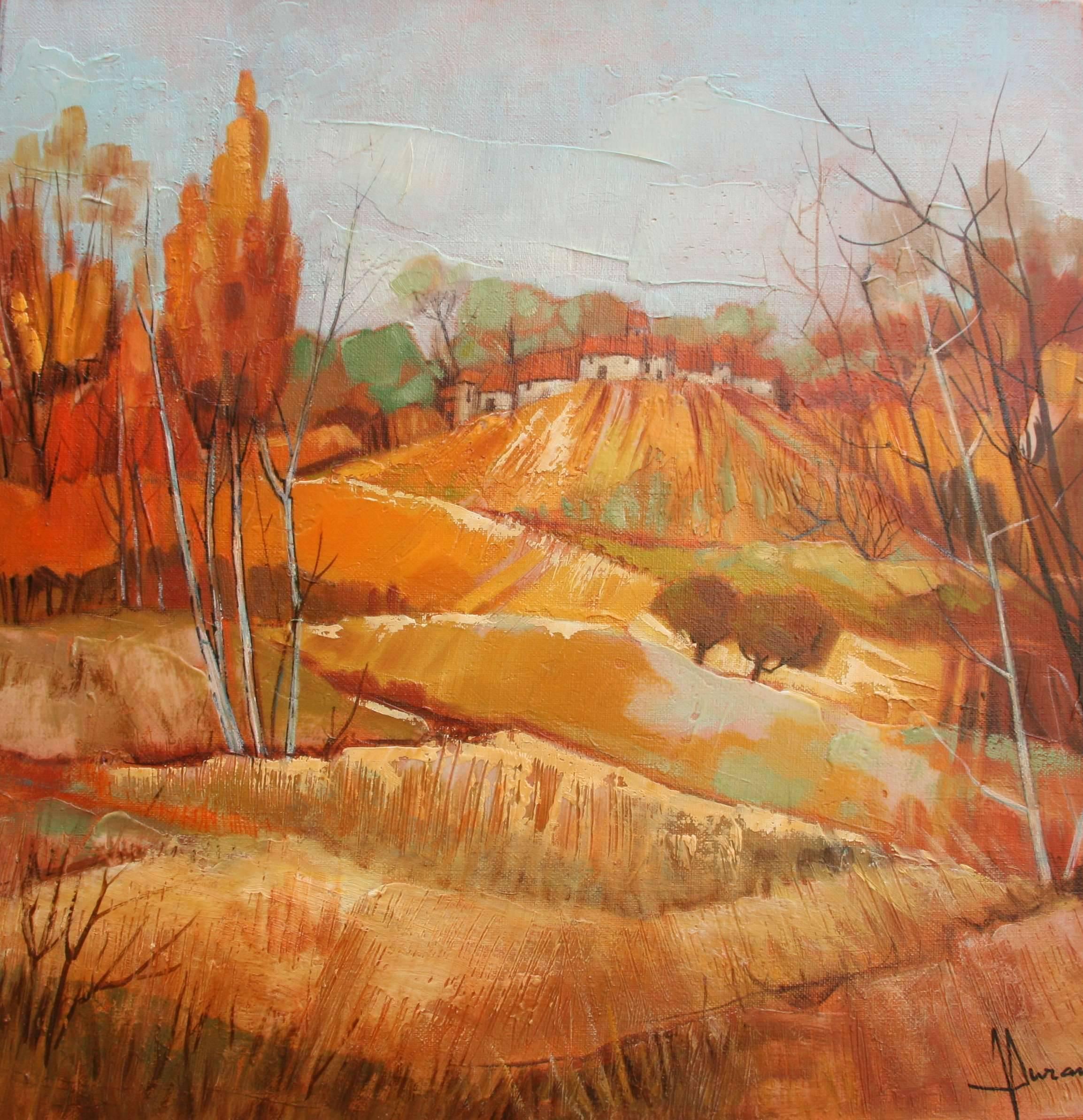 The hamlet, oil on canvas by French artist Jori Duran.
Dimension 50 cm H x 50 cm W x 2 cm D
This painting is not framed.
Ask us if you need a shorter  shipping time.

In this Autumn landscape we can appreciate very well her excellent stroke of the