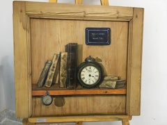 "Conflicto" Oil/cupboard wooden panel Trompe-l'oeil. Books and cloks still-life