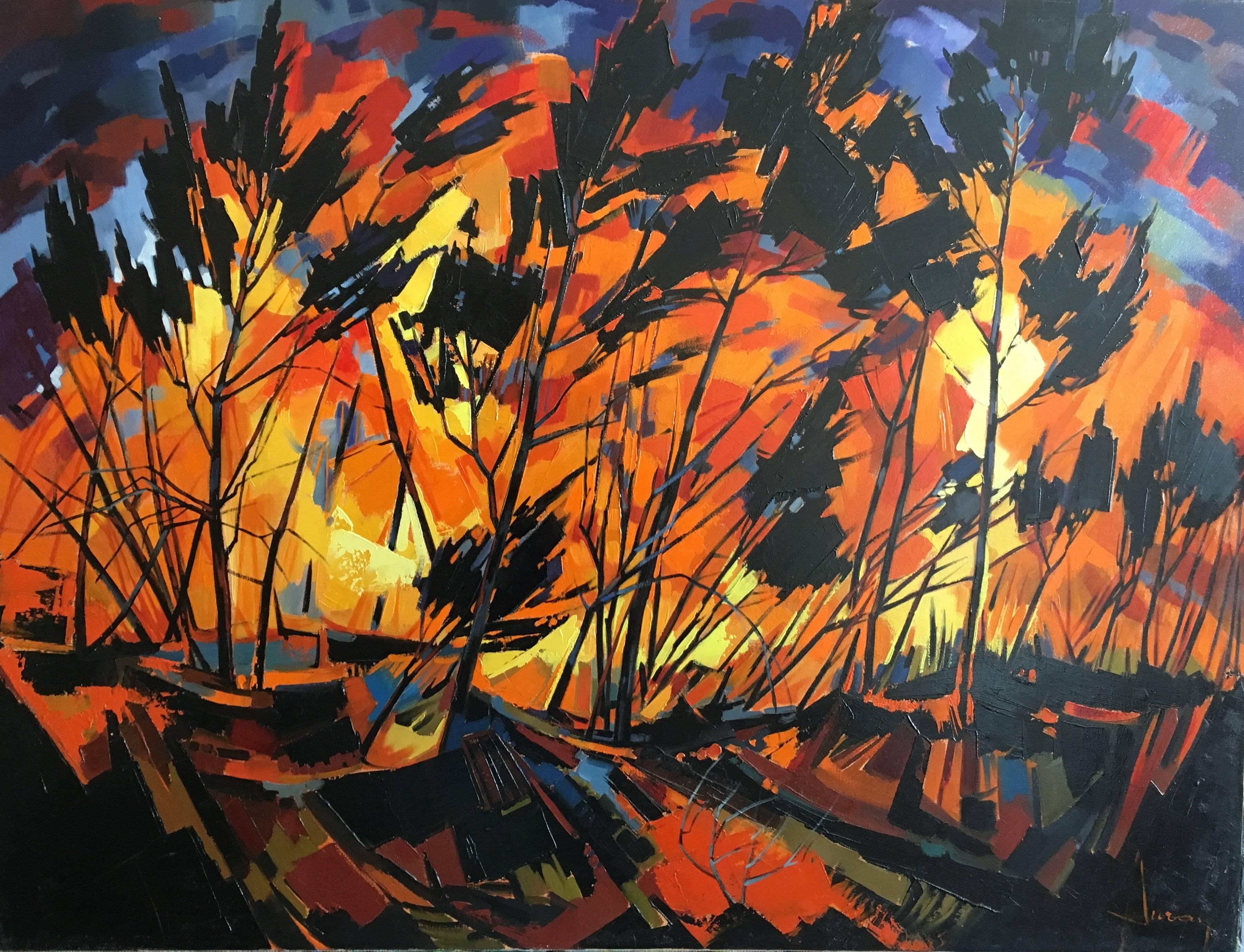 Jori Duran Figurative Painting - Fire in The Landes forest, expressionist landscape
