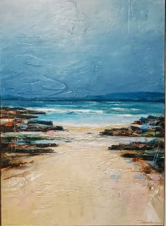 "Silent Shore" – Paesaggio costiero contemporaneo e poetico, tecnica mista, 80x80 cm.