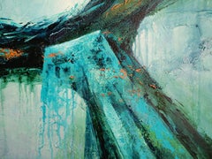 „Himmlische Landschaft“. Dynamische abstrakte Landschaft in Blau- und Grüntönen. 80 x 80 cm.