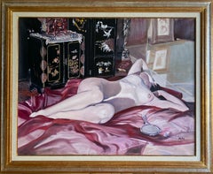 "Raquel II" Reclining Female Nude in a Richly Draped Interior Oil. 11x146 cm.