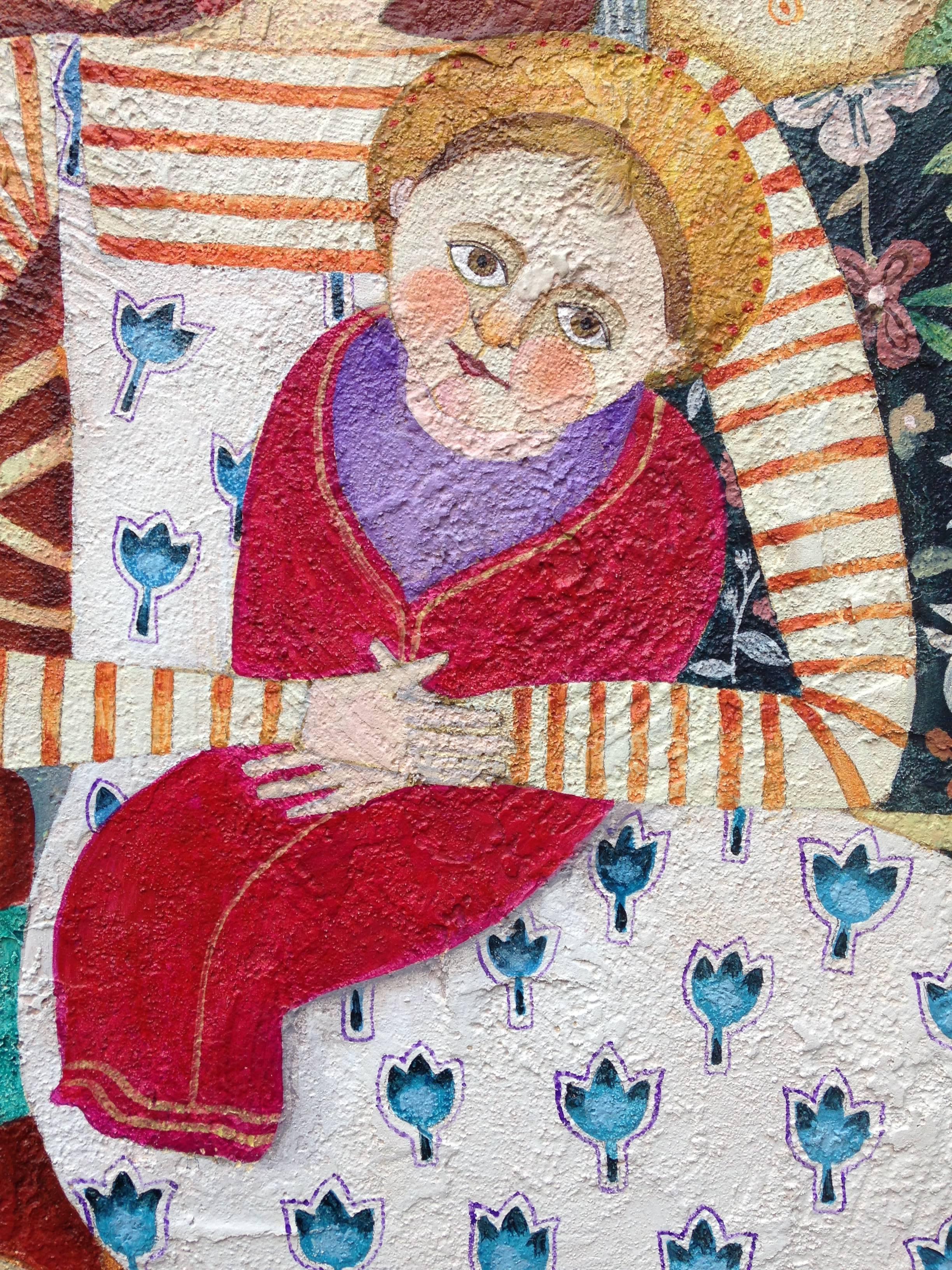 Noël (Navidad). Image colorée de la Madonna et de l'enfant dans un style folklorique - Gris Figurative Painting par Raquel Fariñas