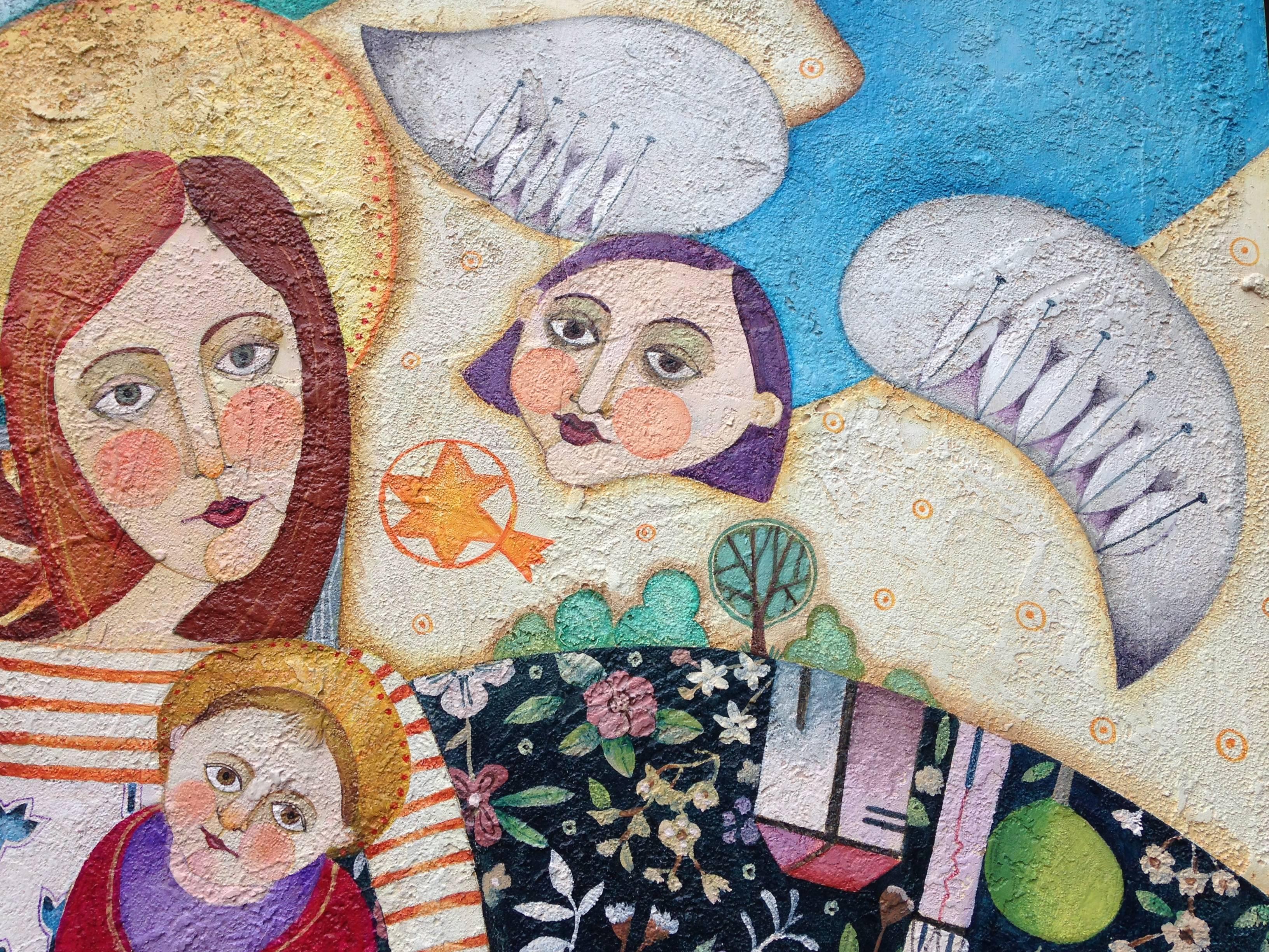 Christmas (Navidad). Colorful image of the Madonna and child in folk style - Painting by Raquel Fariñas