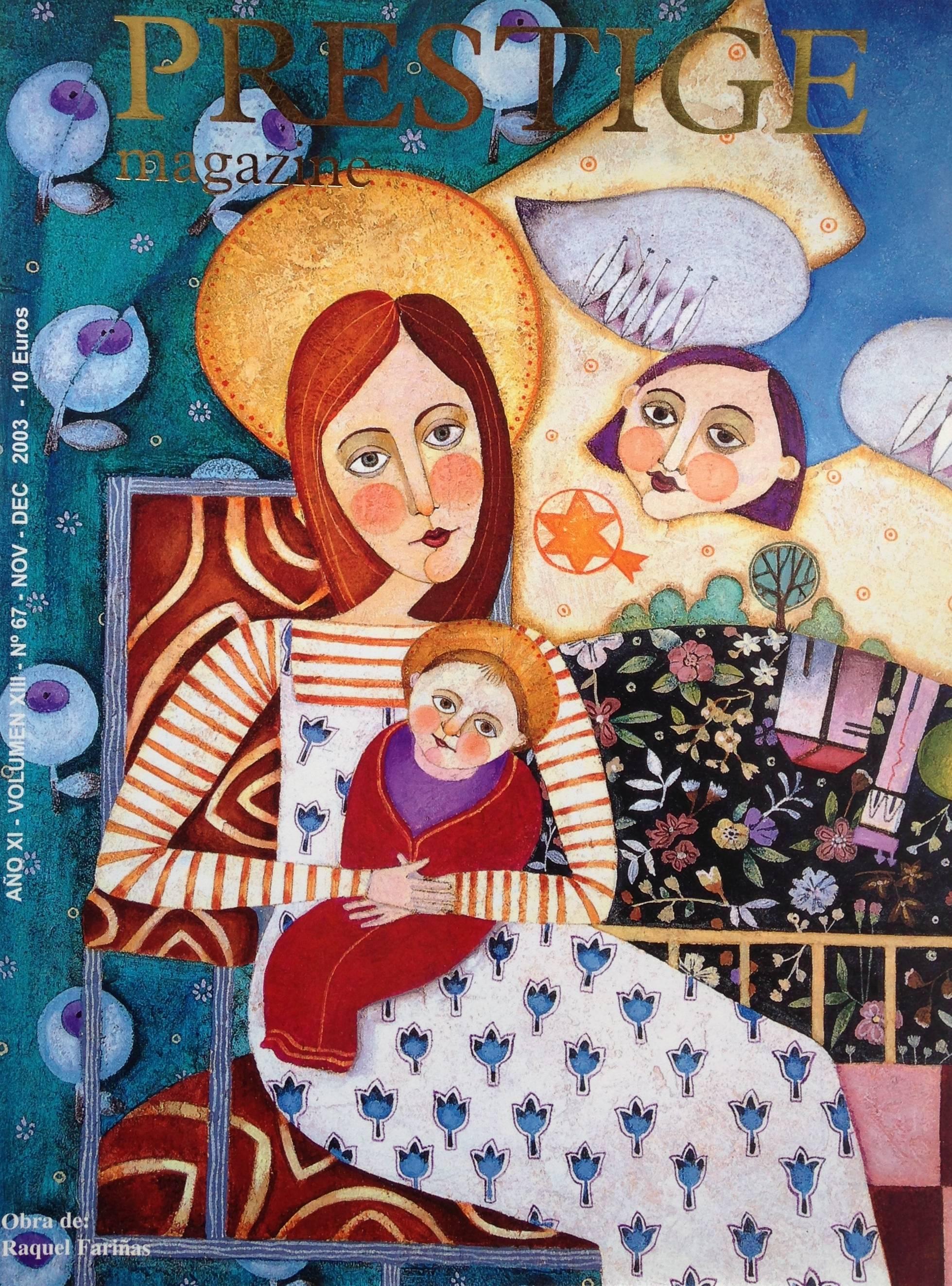 Christmas (Navidad). Colorful image of the Madonna and child in folk style - Contemporary Painting by Raquel Fariñas