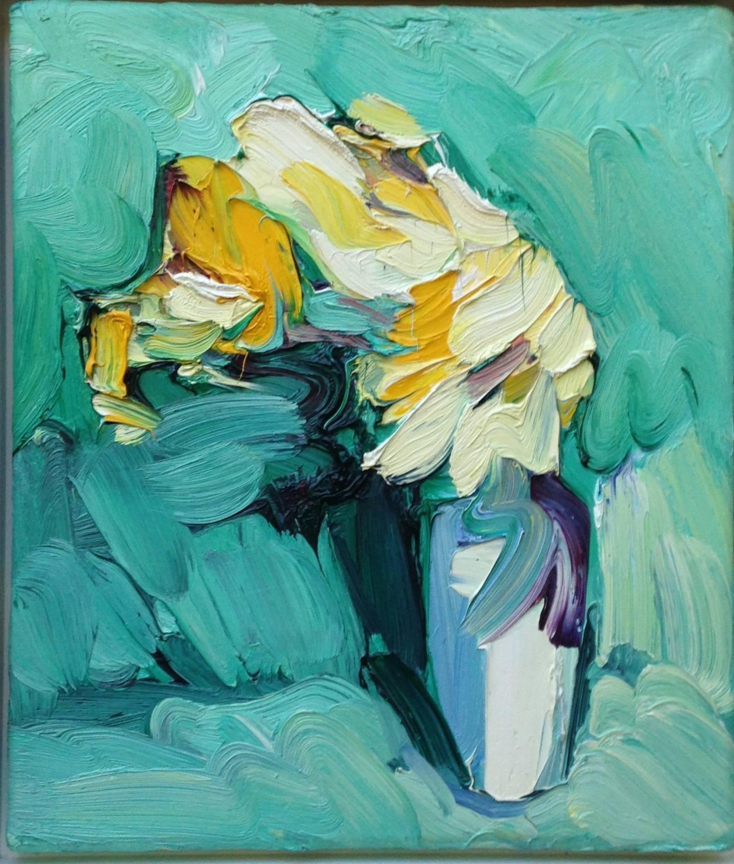 Edward Beale Figurative Painting - Yellow Roses Against Turquoise