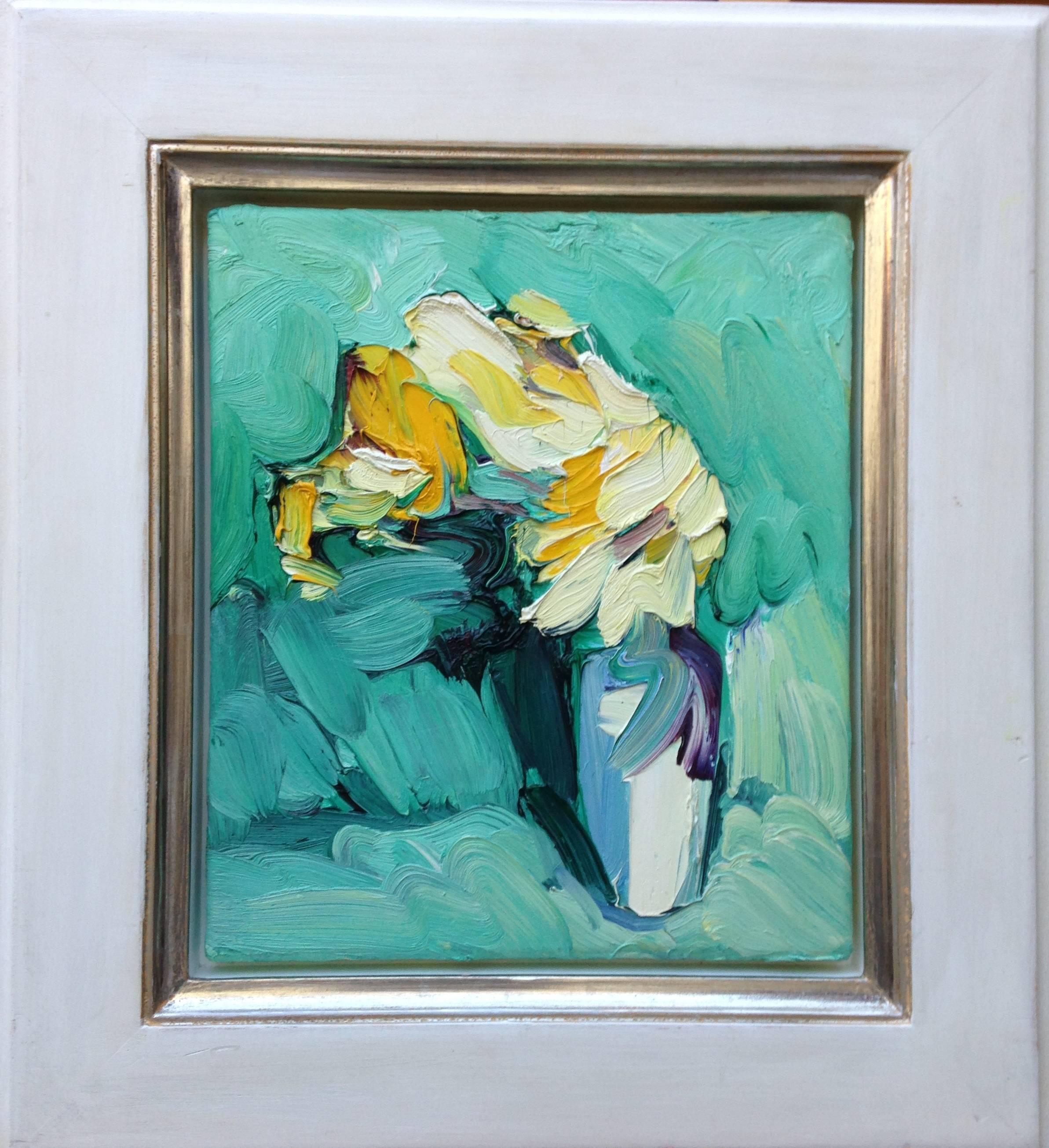 Yellow Roses Against Turquoise - Painting by Edward Beale