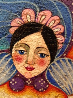 "Messenger"  Symbolic Ocre and blue Acrylic paint Figure Folk Art painting.