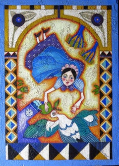 "Messenger"  Symbolic Ocre and blue Acrylic paint Figure Folk Art painting. 
