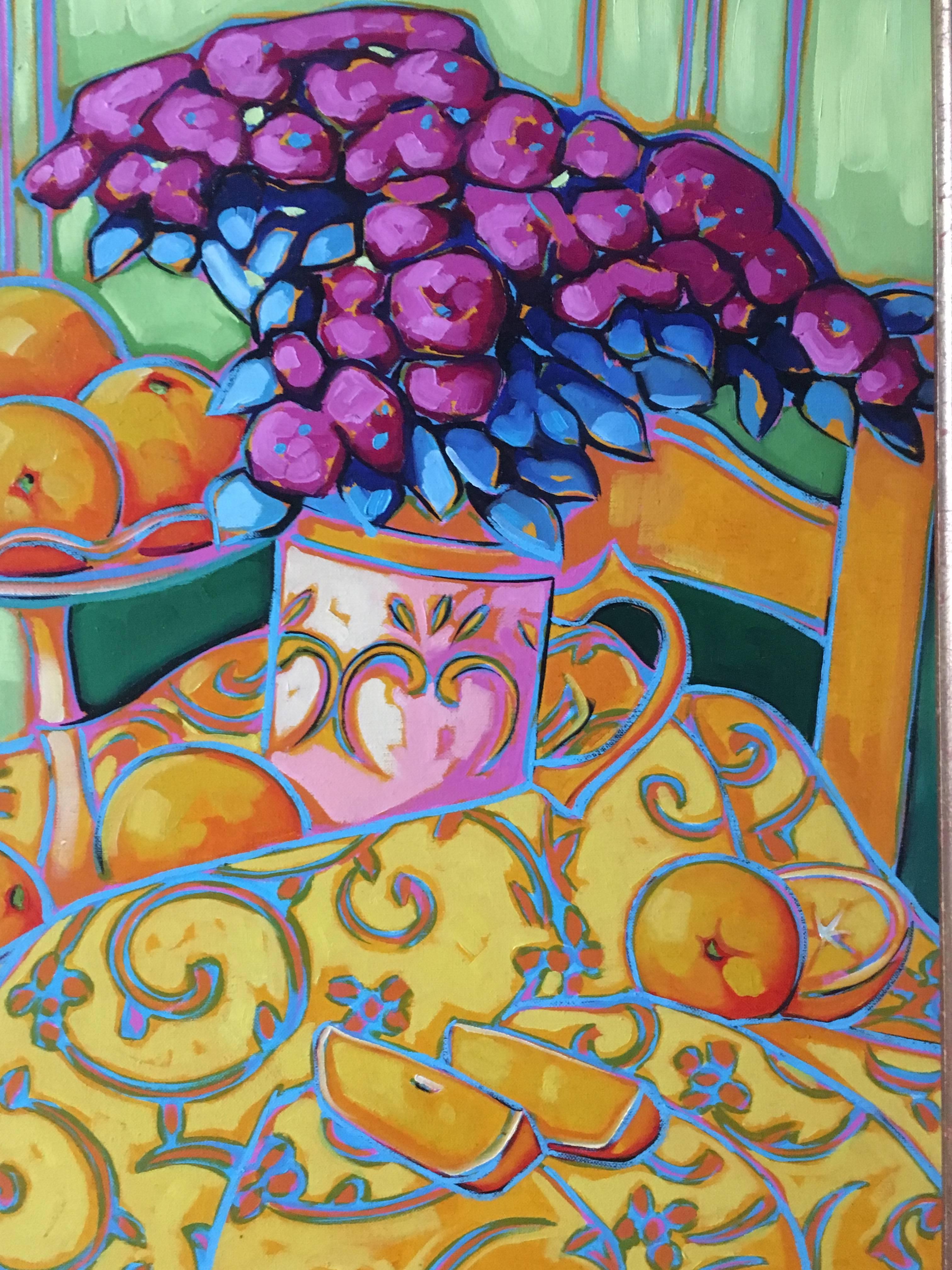 Oranges. Montilla Oil on canvas. Orange, Yelow, Fuchsia Expressionist Still-Life - Painting by Chico Montilla